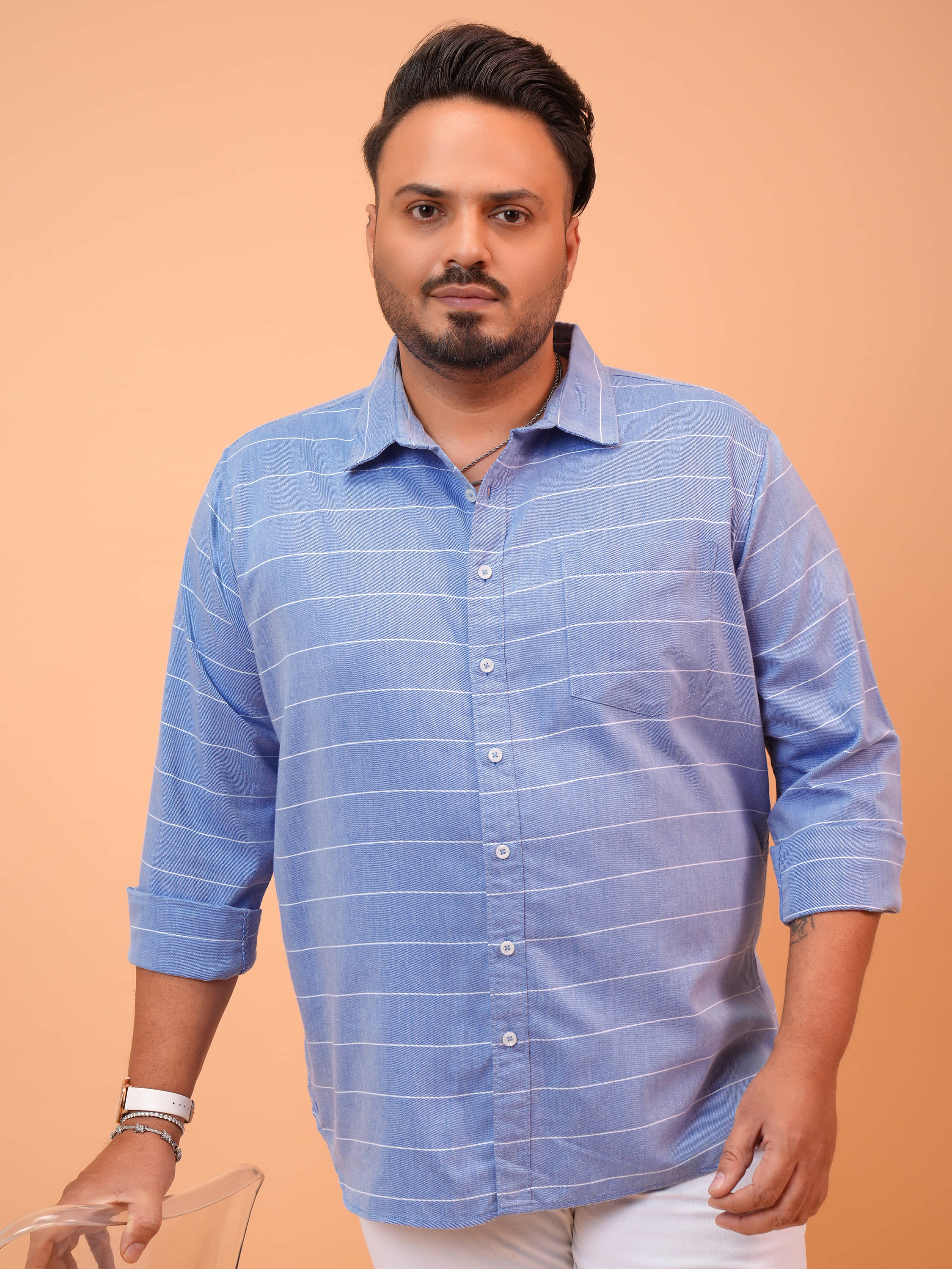     			Highlander Cotton Blend Slim Fit Striped Full Sleeves Men's Casual Shirt - Light Blue ( Pack of 1 )