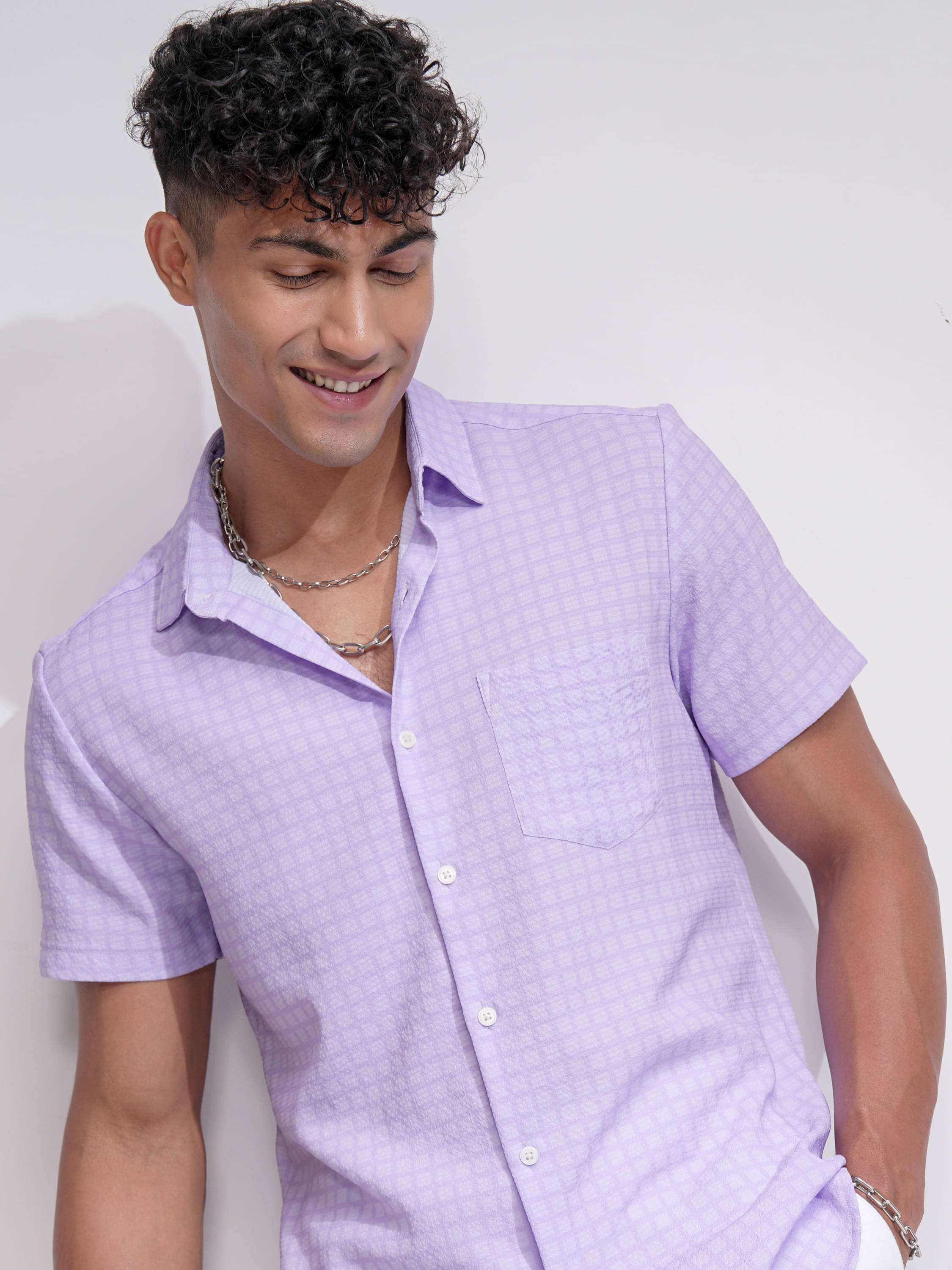     			Highlander Polyester Regular Fit Checks Half Sleeves Men's Casual Shirt - Lavender ( Pack of 1 )