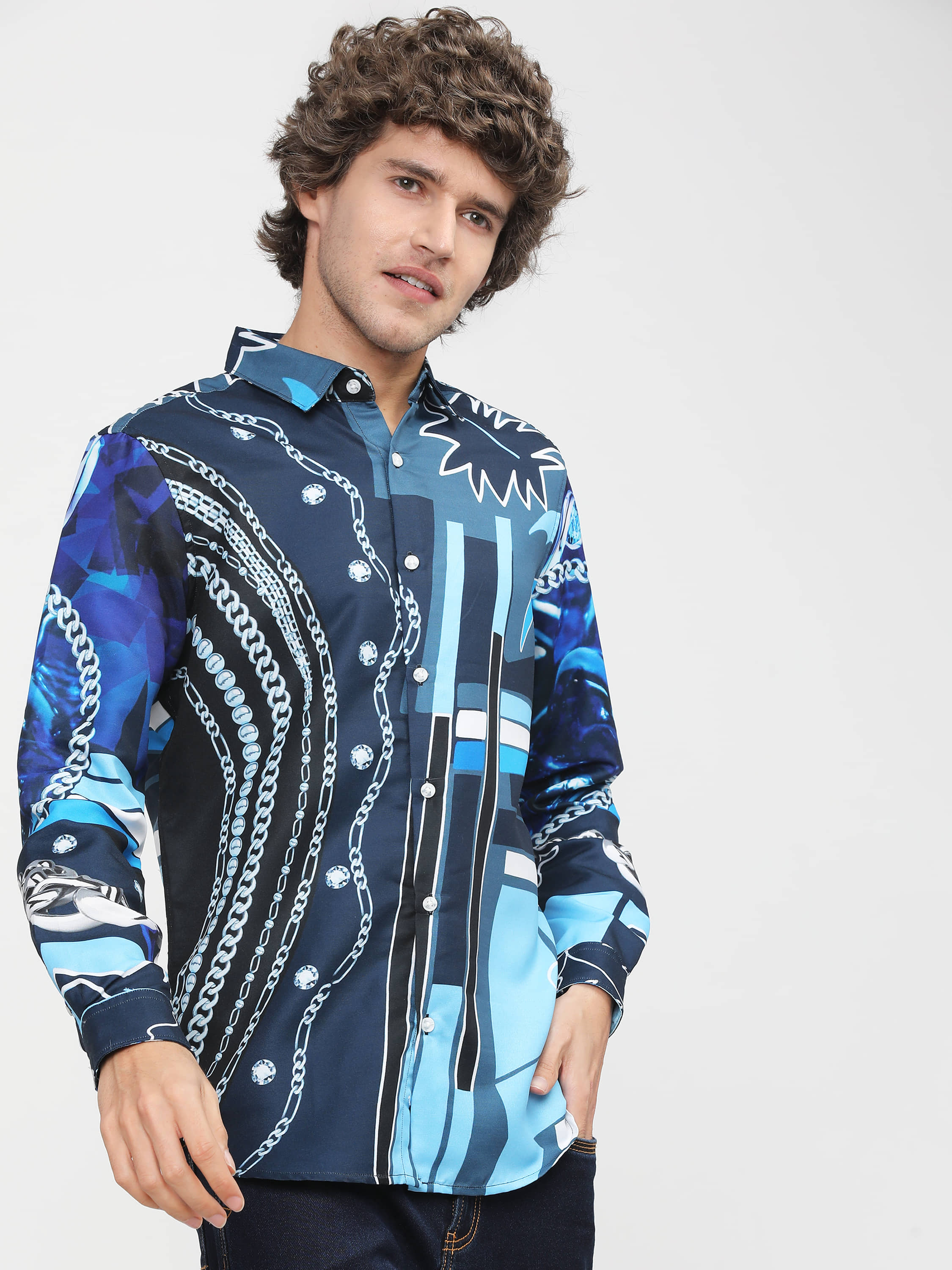 Highlander Polyester Slim Fit Printed Full Sleeves Men's Casual Shirt - Navy Blue ( Pack of 1 )