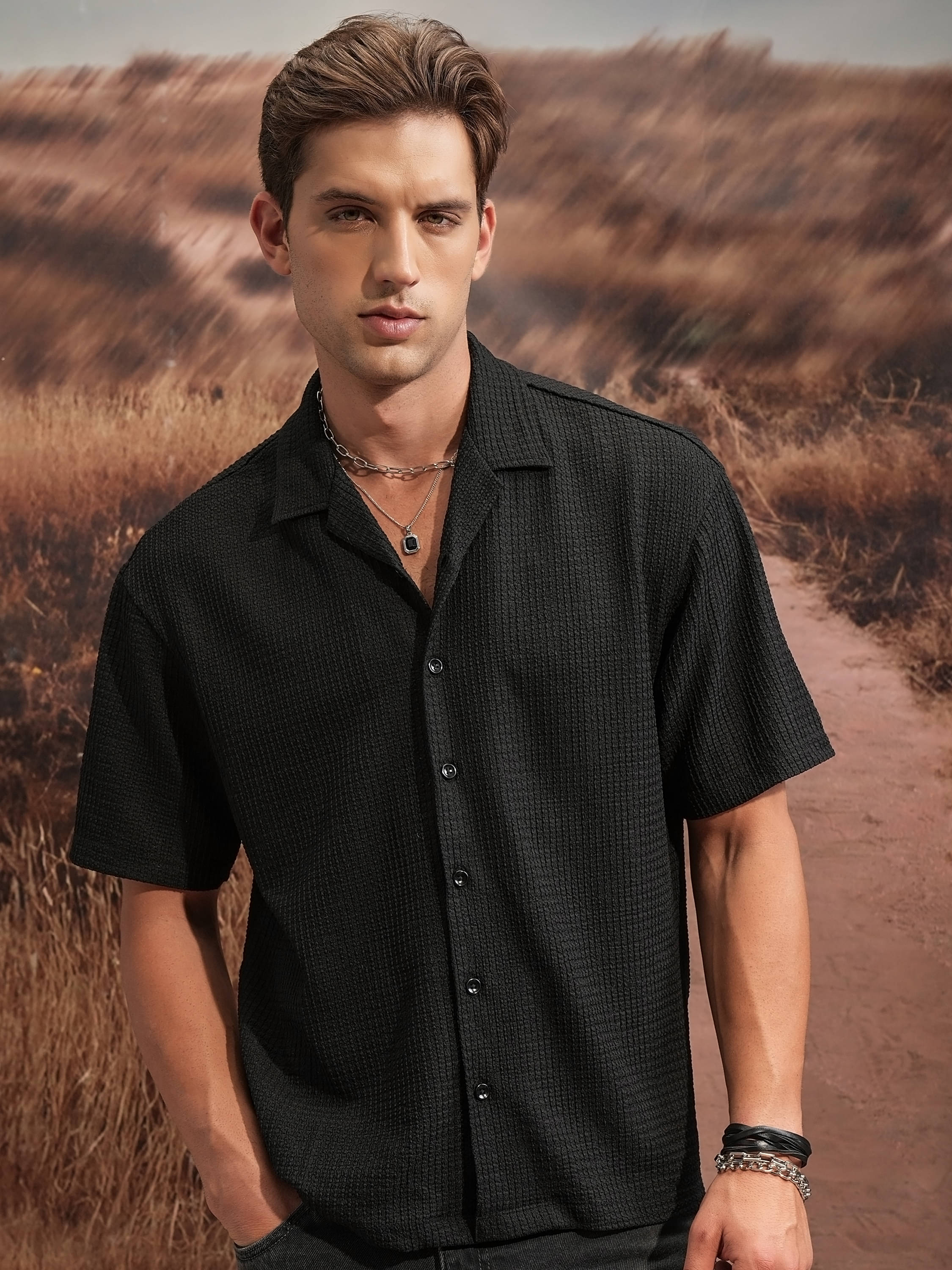     			Locomotive Poly Cotton Oversized Fit Self Design Half Sleeves Men's Casual Shirt - Black ( Pack of 1 )