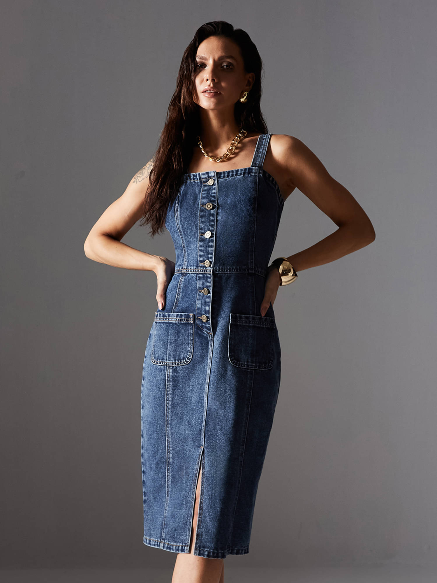     			Miss Chase Women Cotton Solid Bodycon Dress ( Blue )