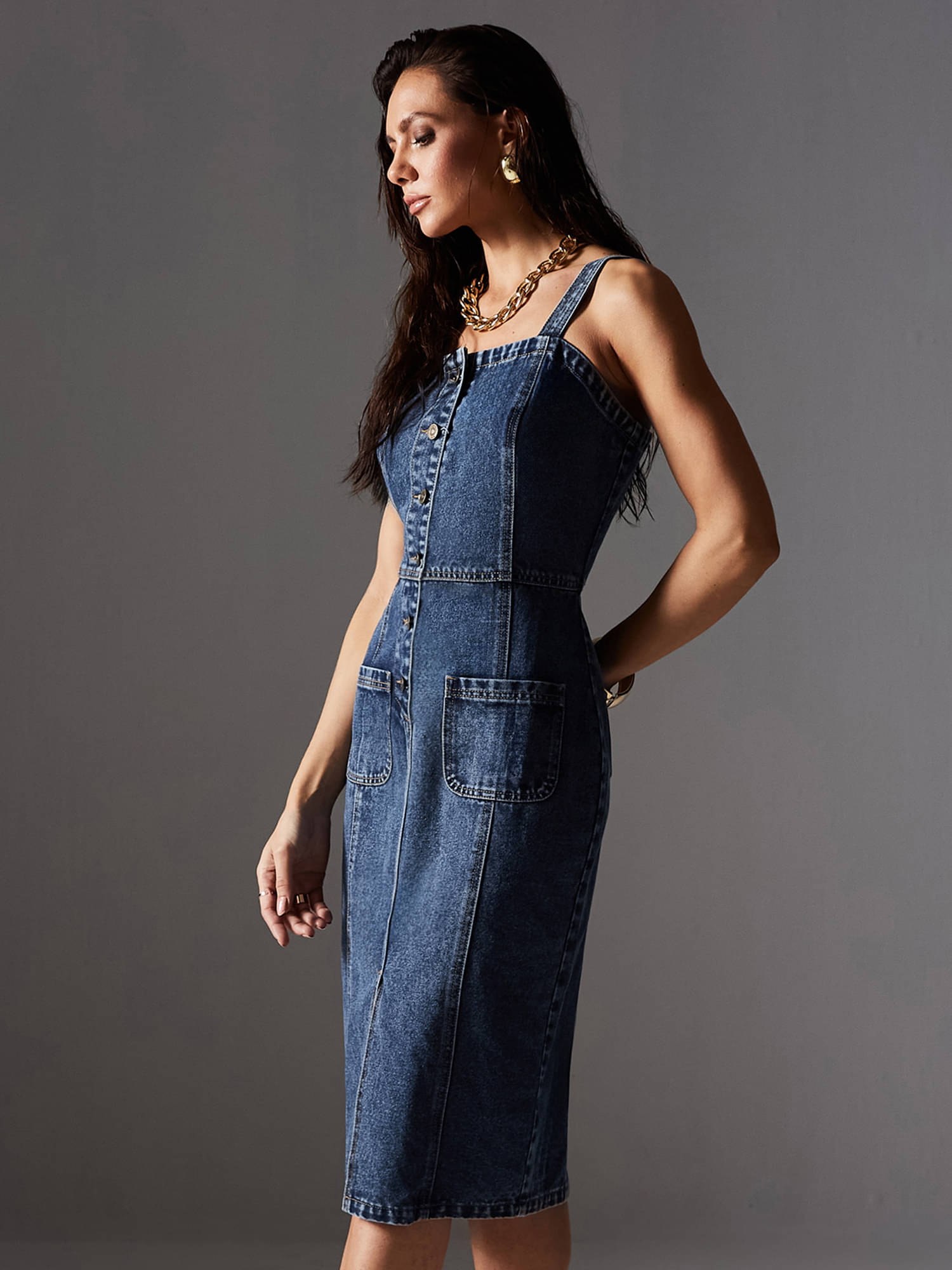     			Miss Chase Women Cotton Solid Bodycon Dress ( Blue )