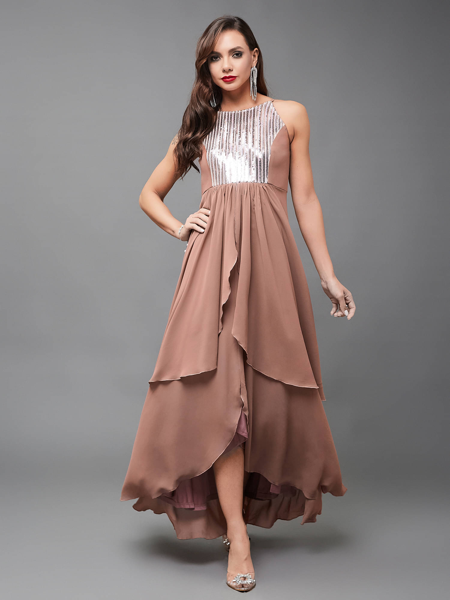     			Miss Chase Women Georgette Embellished Asymmetric Dress ( Peach )