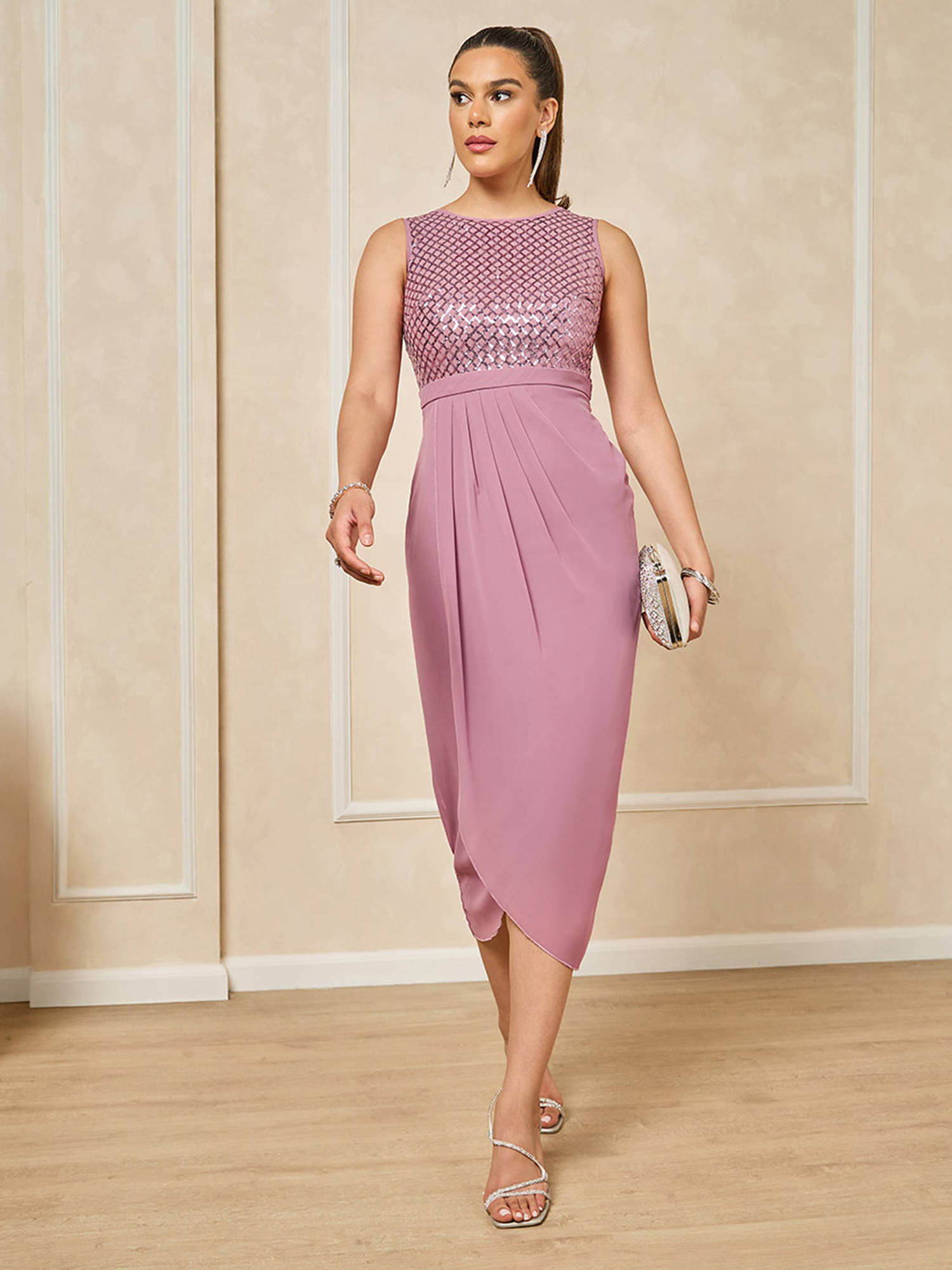     			Miss Chase Women Georgette Embellished Asymmetric Dress ( Lavender )