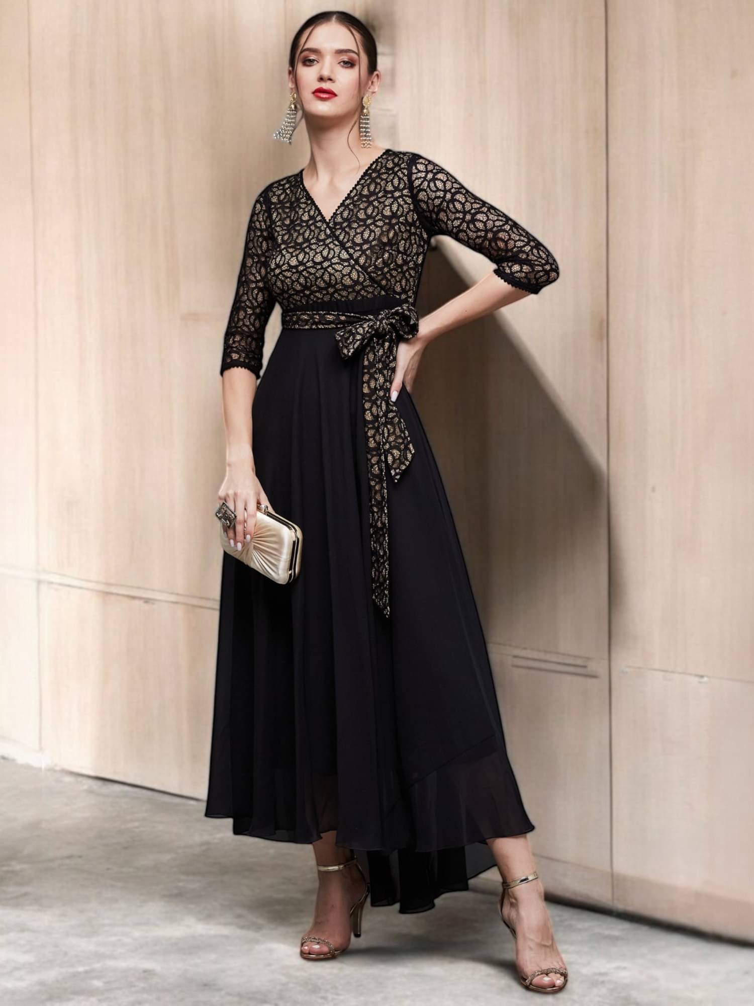     			Miss Chase Women Georgette Printed Wrap Dress ( Black )