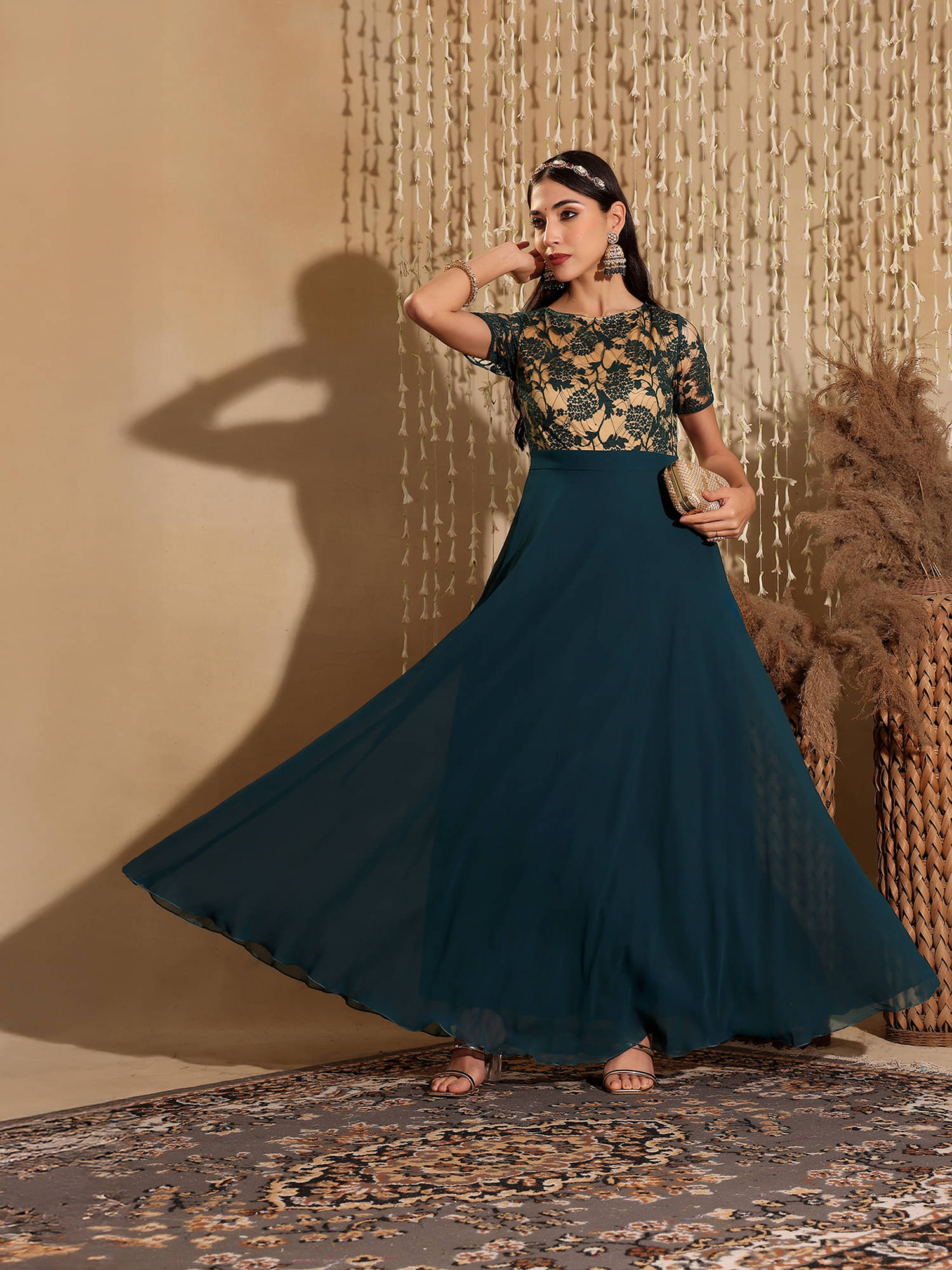 Miss Chase Women Georgette Self Design Fit & Flare Dress ( Teal ) Miss Chase Women Georgette Self Design Fit & Flare Dress ( Teal )