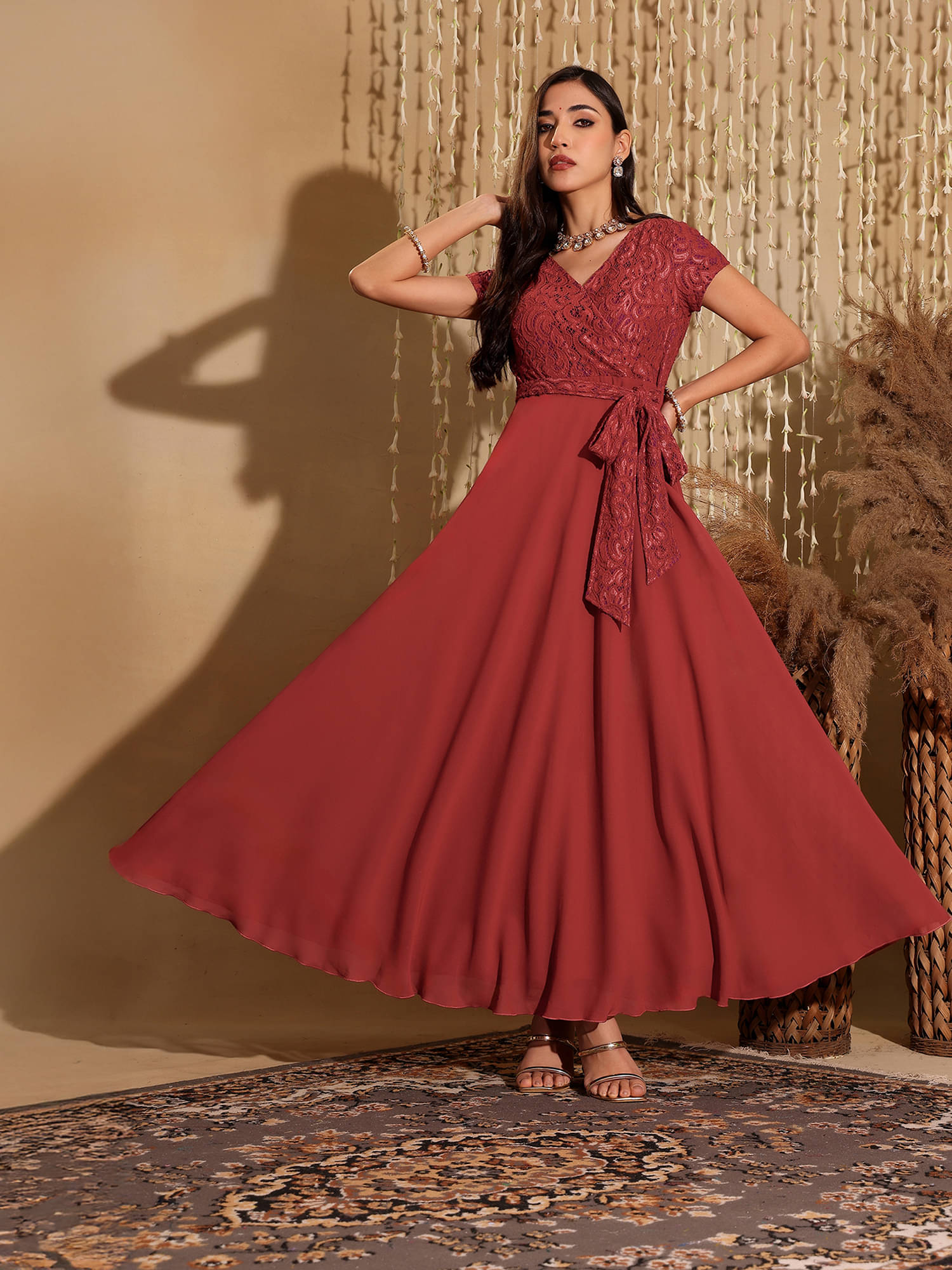 Miss Chase Women Georgette Self Design Wrap Dress ( Red ) Miss Chase Women Georgette Self Design Wrap Dress ( Red )