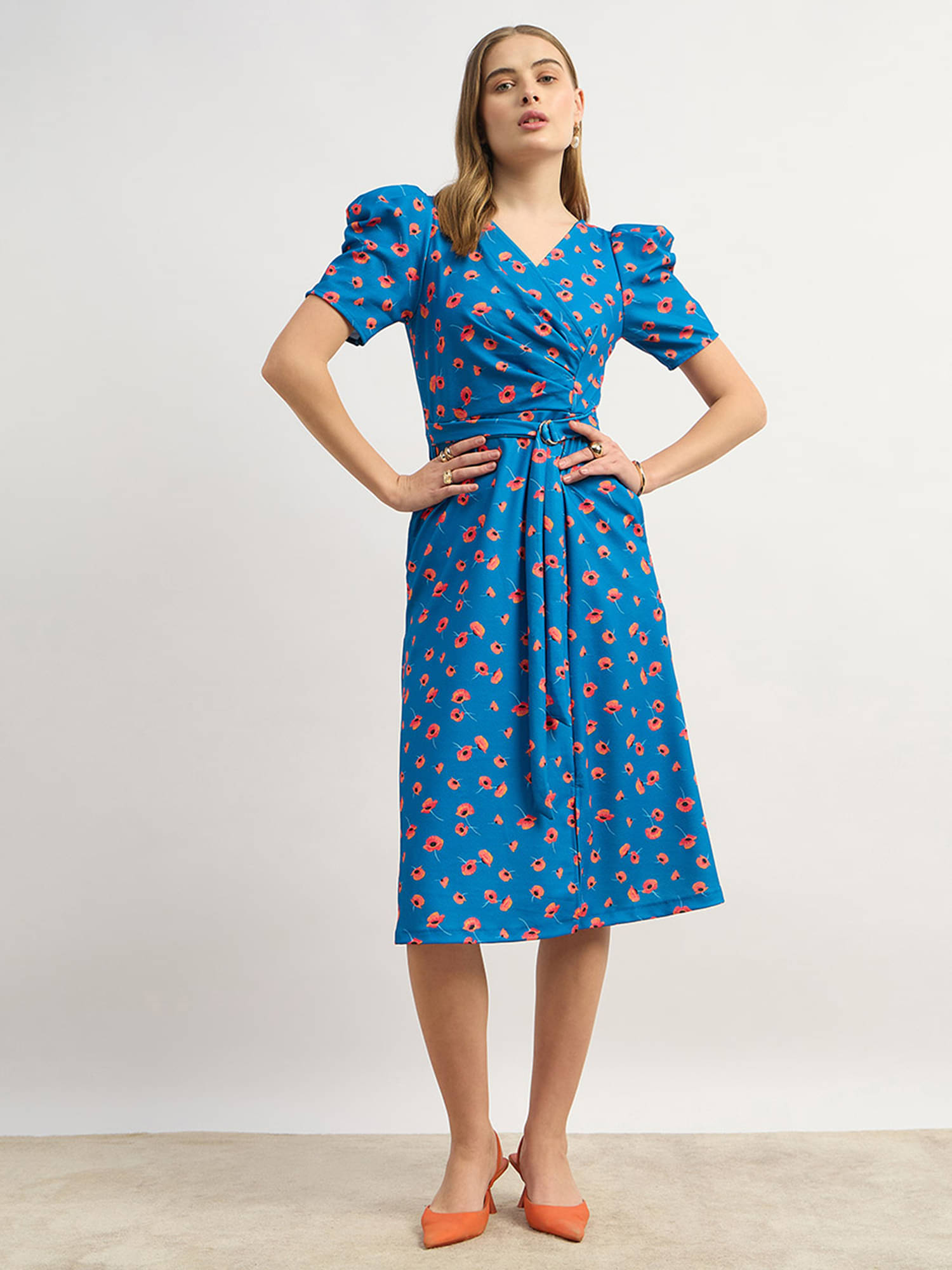 Miss Chase Women Polyester Printed Wrap Dress ( Blue )     			Miss Chase Women Polyester Printed Wrap Dress ( Blue )