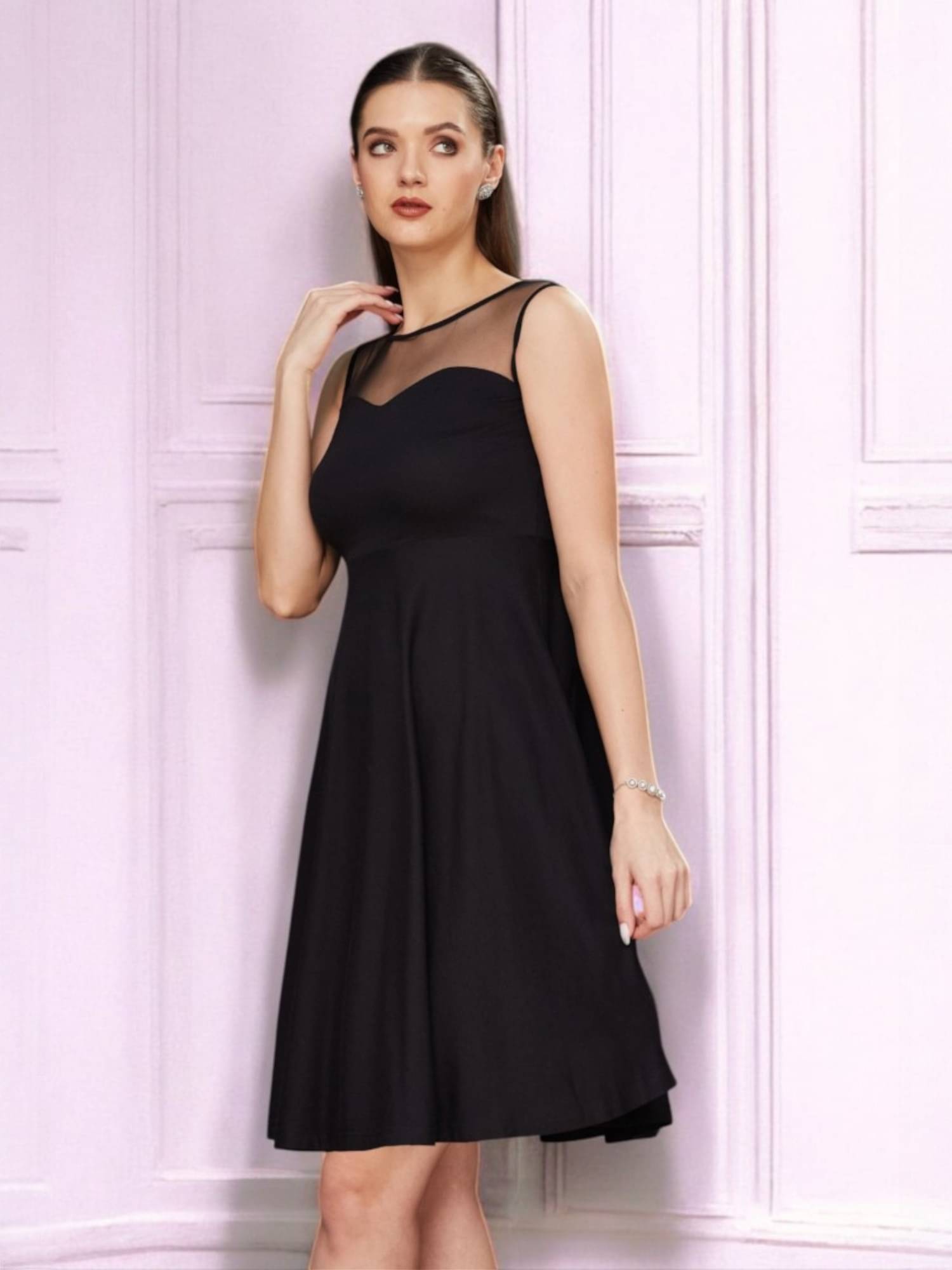 Miss Chase Women Polyester Solid Skater Dress ( Black )     			Miss Chase Women Polyester Solid Skater Dress ( Black )