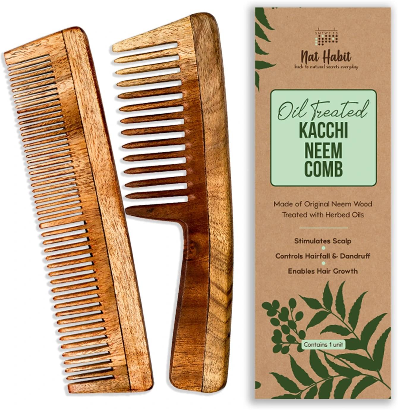     			Nat Habit Kacchi Neem Comb, Wooden Comb Hair Growth, Hairfall (Wide + Dual Combo)
