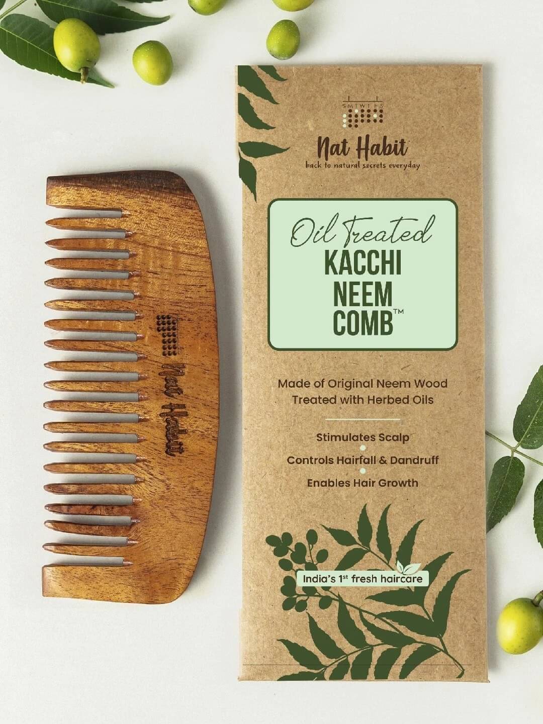     			Nat Habit Kacchi Neem Wooden Bounce Comb For Voluminous Hair - Soaked In 17 Herbs & Oils