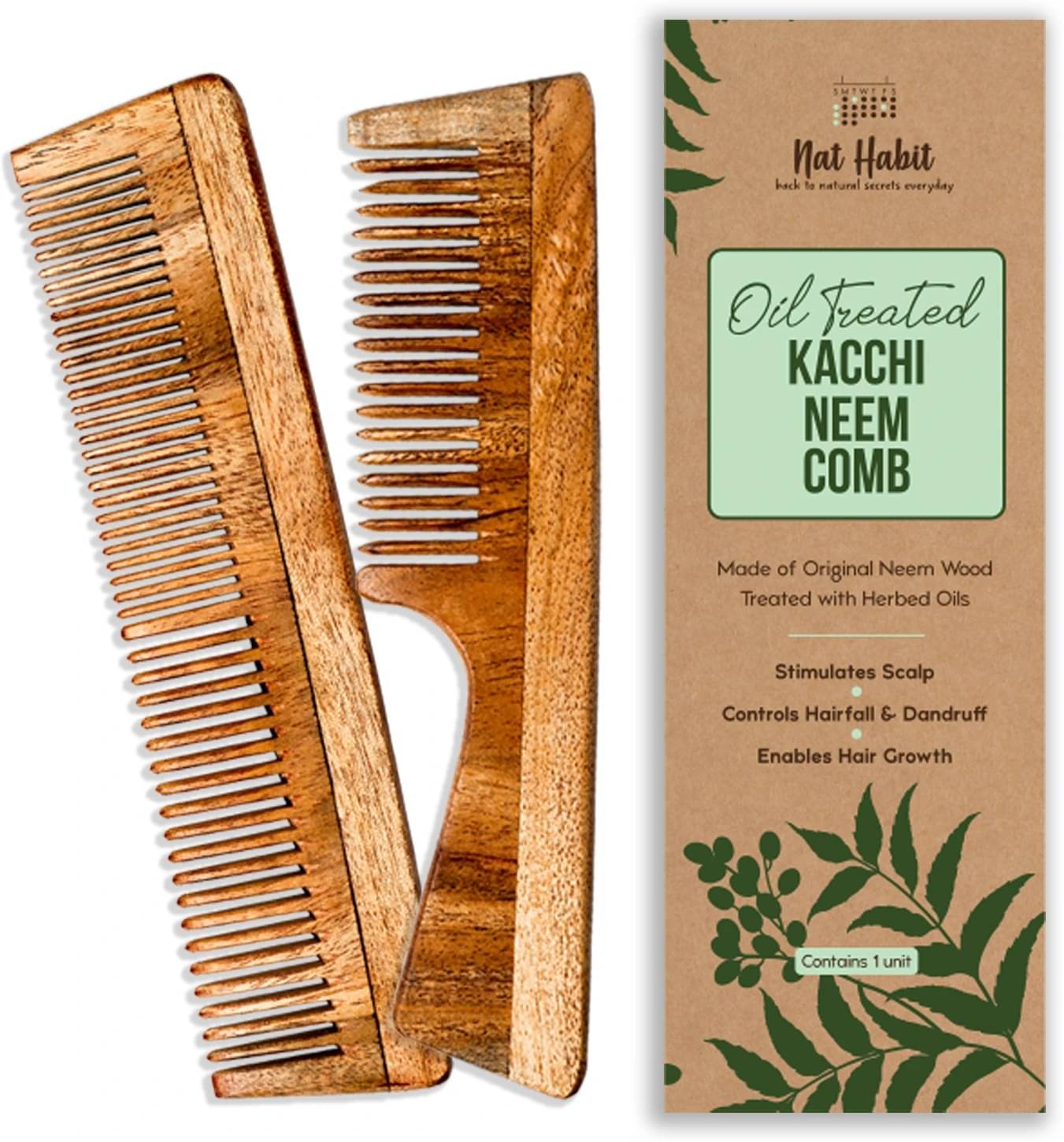     			Nat Habit Kacchi Neem Comb, Wooden Comb Hair Growth, Hairfall (Fine + Dual Combo)