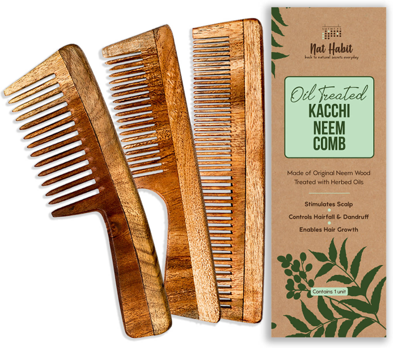     			Nat Habit Kacchi Neem Comb, Wooden Comb Hair Growth, Hairfall (Dual + Wide + Fine Combo)