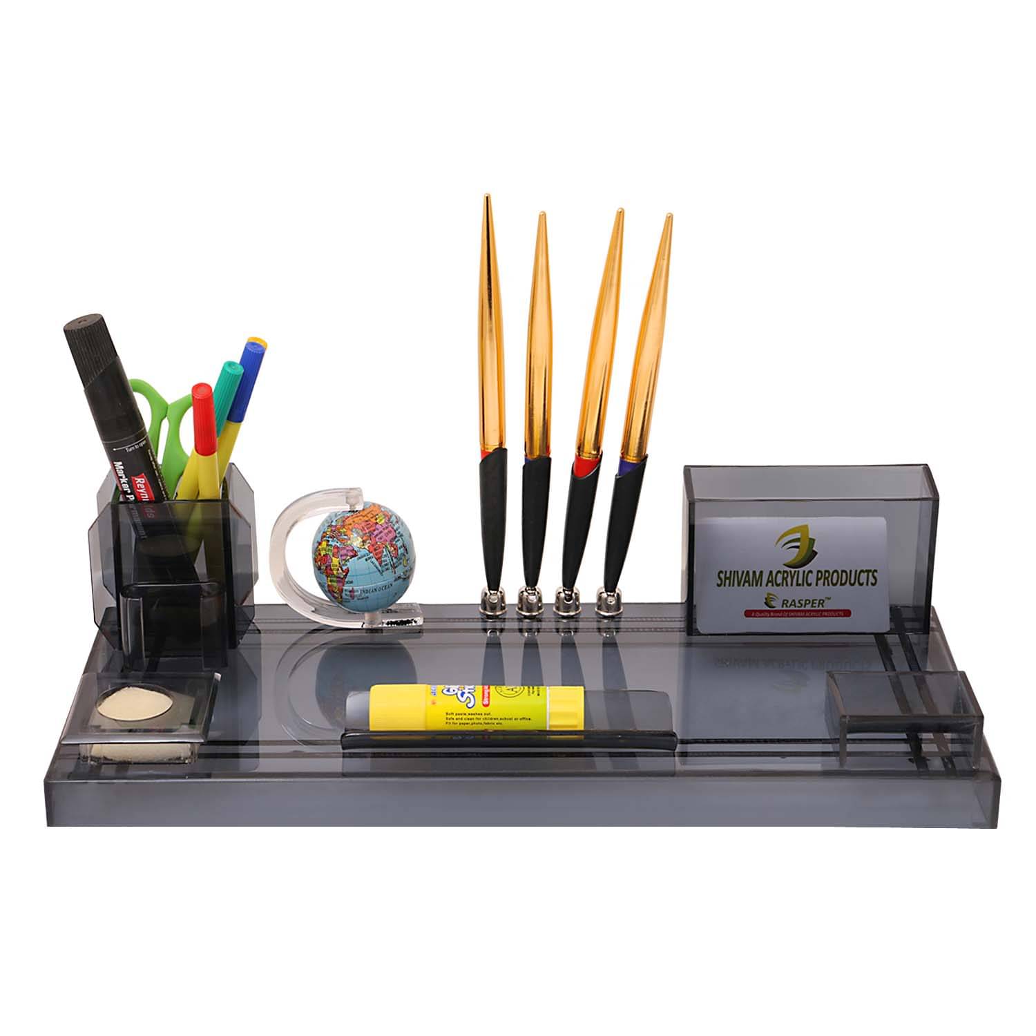     			Rasper Stylish Acrylic Pen Stand For Office Study Table Desk Organizer Pen Pencil Holder With Globe & Calendar  Multipurpose Desktop Stationery Organizer Office Table Top (14x6 Inches)