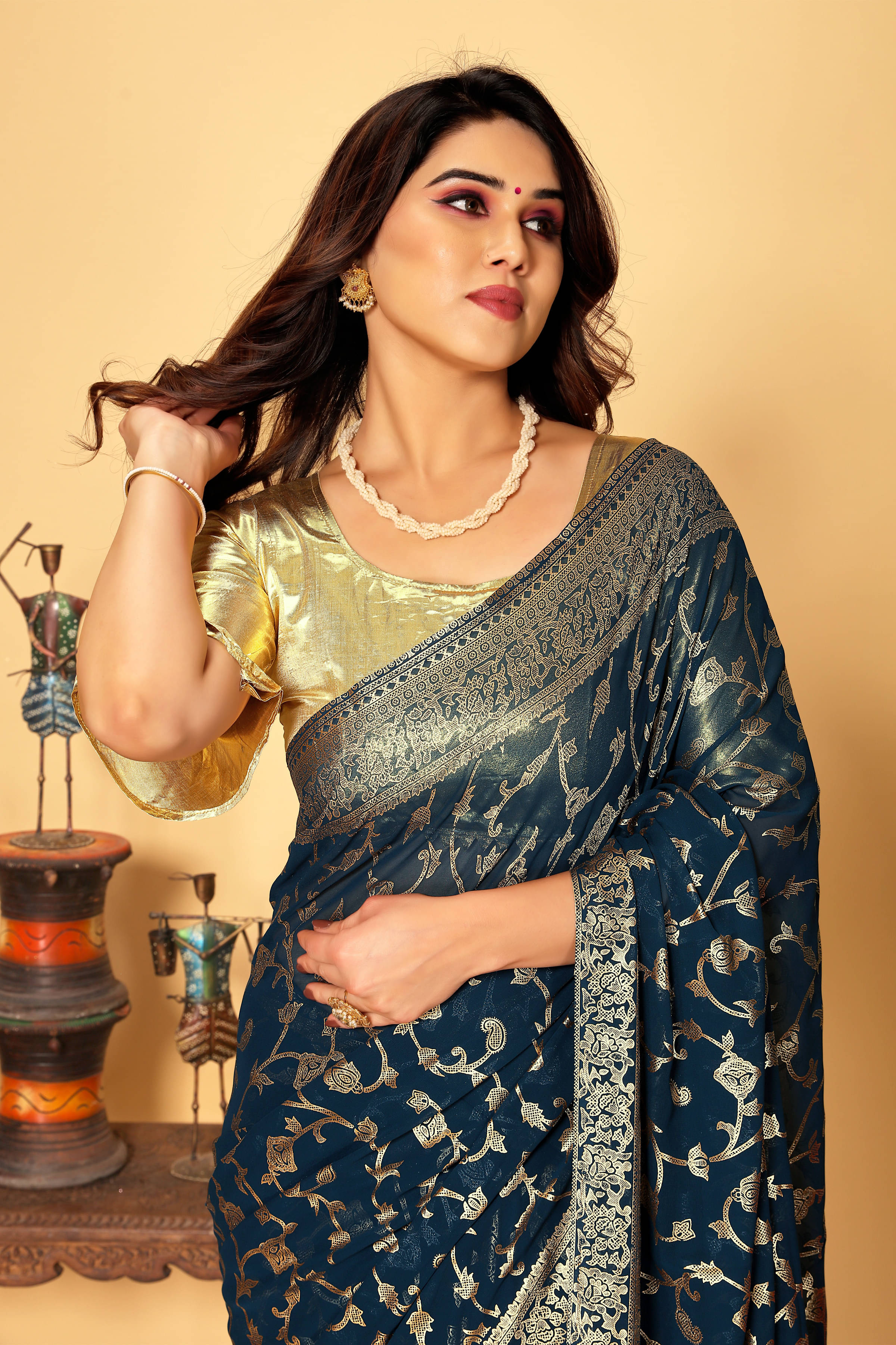 RedFish Georgette Printed Regular Saree With Unstitched Blouse Piece ( Navy Blue ) RedFish Georgette Printed Regular Saree With Unstitched Blouse Piece ( Navy Blue )
