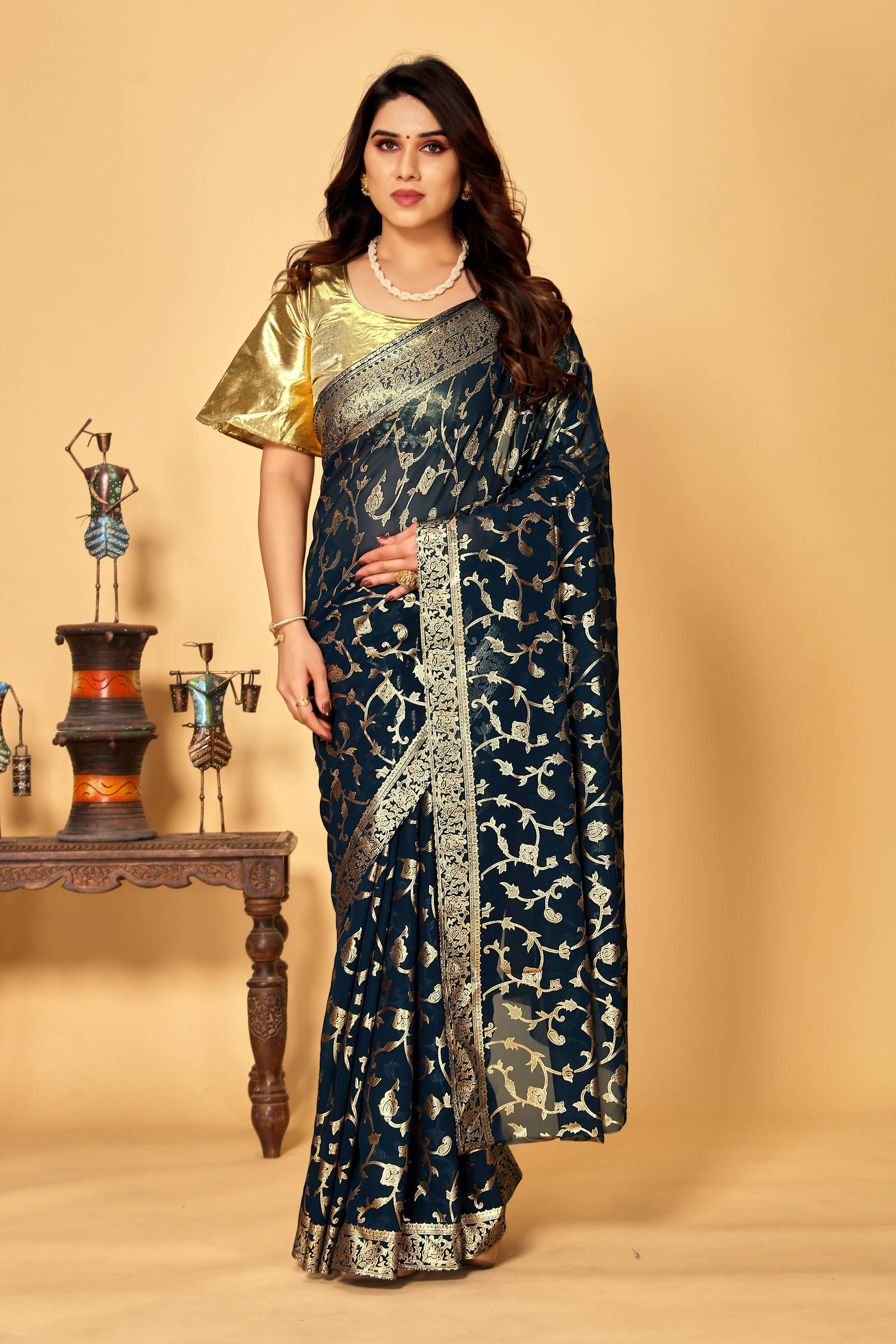     			RedFish Georgette Printed Regular Saree With Unstitched Blouse Piece ( Navy Blue )