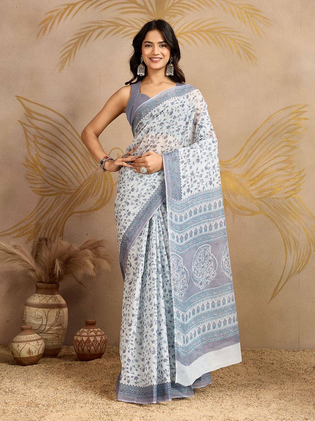 SHANVIKA Cotton Printed Regular Saree Without Blouse Piece ( Grey ) SHANVIKA Cotton Printed Regular Saree Without Blouse Piece ( Grey )