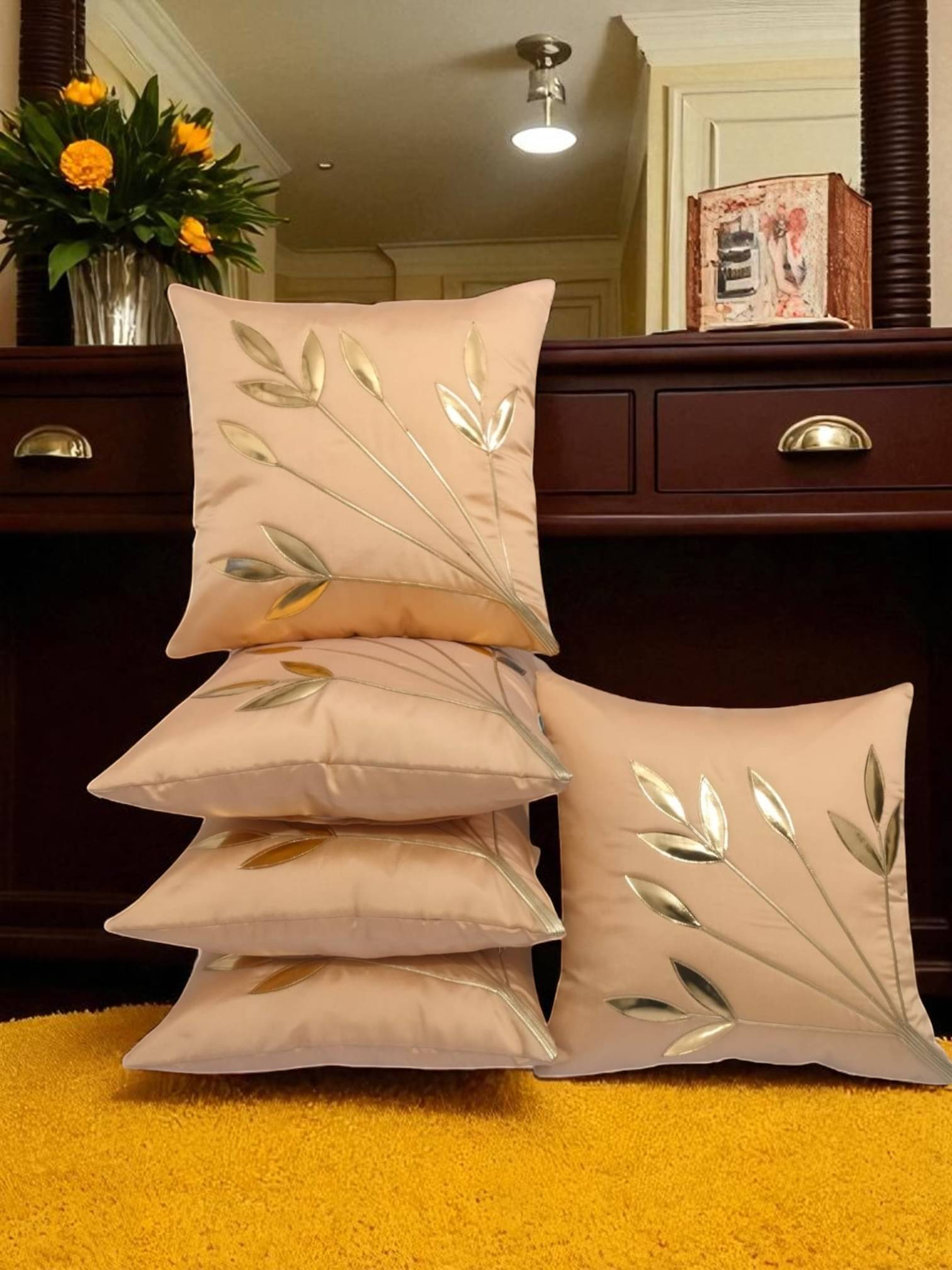 Zikrak Set of 5 Synthetic Ethnic Square Cushion Cover (40X40)cm - Beige Zikrak Set of 5 Synthetic Ethnic Square Cushion Cover (40X40)cm - Beige