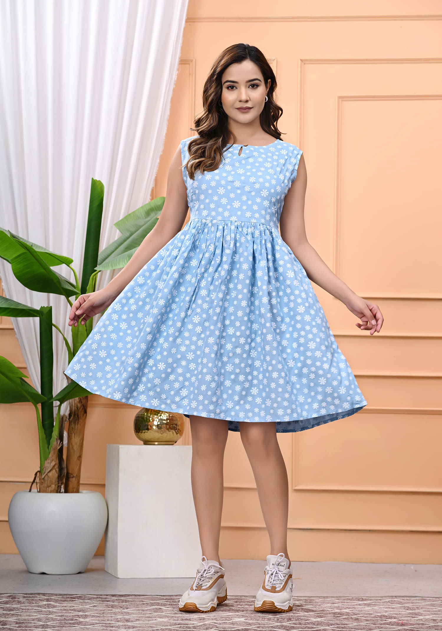 ASHISH PRINT Women Rayon Printed A-line Dress ( Light Blue )     			ASHISH PRINT Women Rayon Printed A-line Dress ( Light Blue )