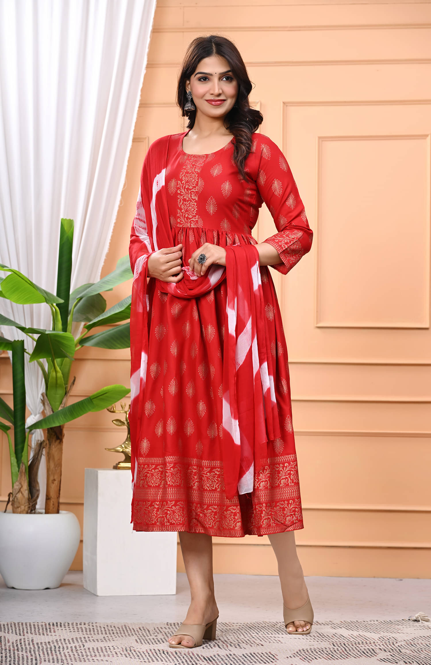     			ASHISH PRINT Women Rayon Printed Flared Kurti with Dupatta ( Maroon )