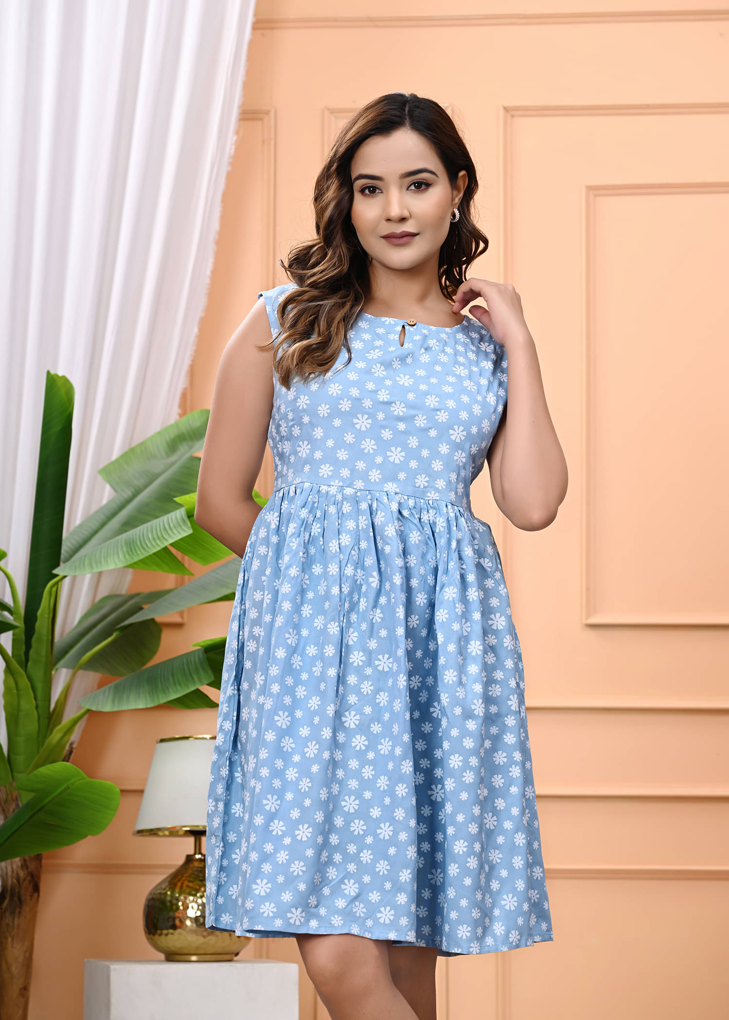     			ASHISH PRINT Women Viscose Rayon Printed Fit & Flare Dress ( Blue )