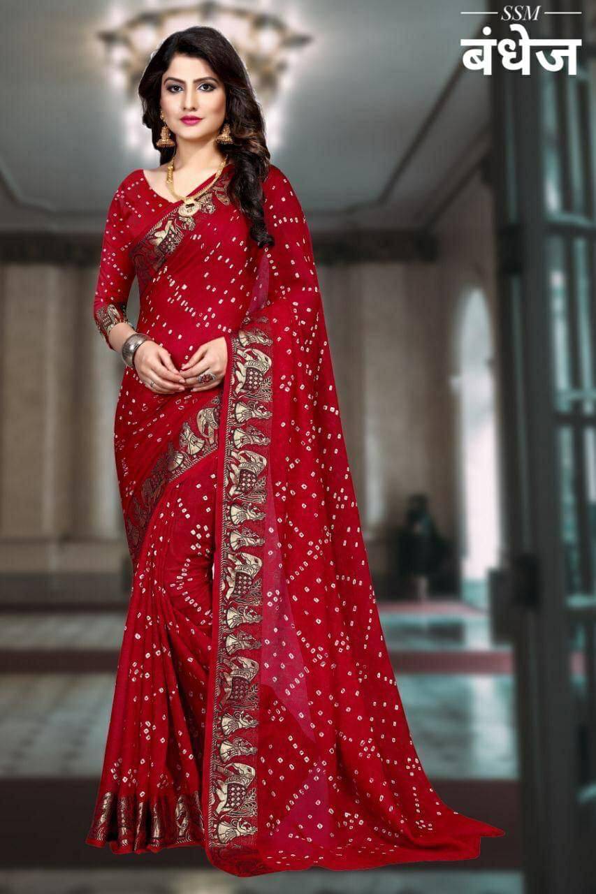     			Brifesha Art Silk Solid Bandhani Sarees With Unstitched Blouse Piece ( Red )