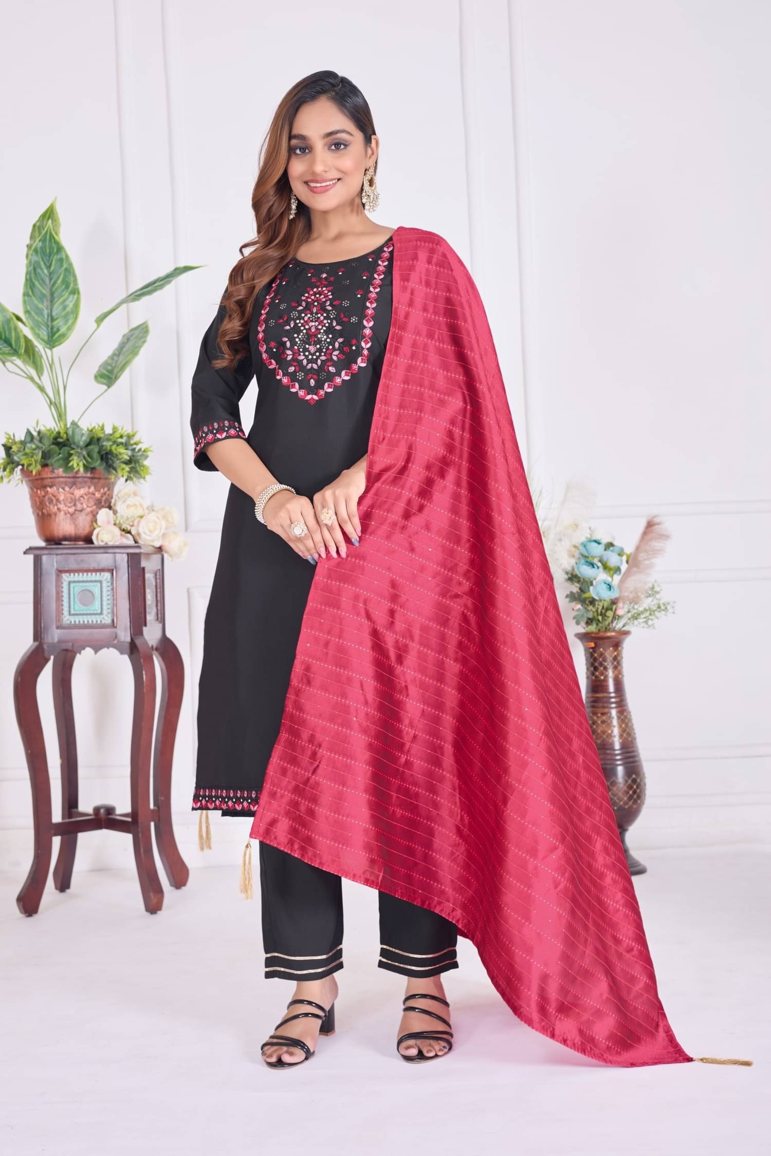 INDIAN SILKS Women Chanderi Cotton Printed Straight Kurti With Salwar ( Black,Multicoloured ) INDIAN SILKS Women Chanderi Cotton Printed Straight Kurti With Salwar ( Black,Multicoloured )