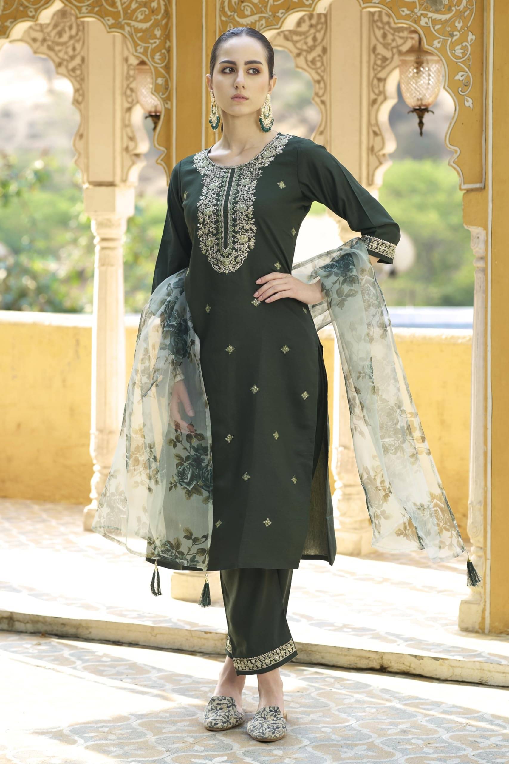     			INDIAN SILKS Women Chanderi Cotton Printed Straight Kurti With Salwar ( Green )