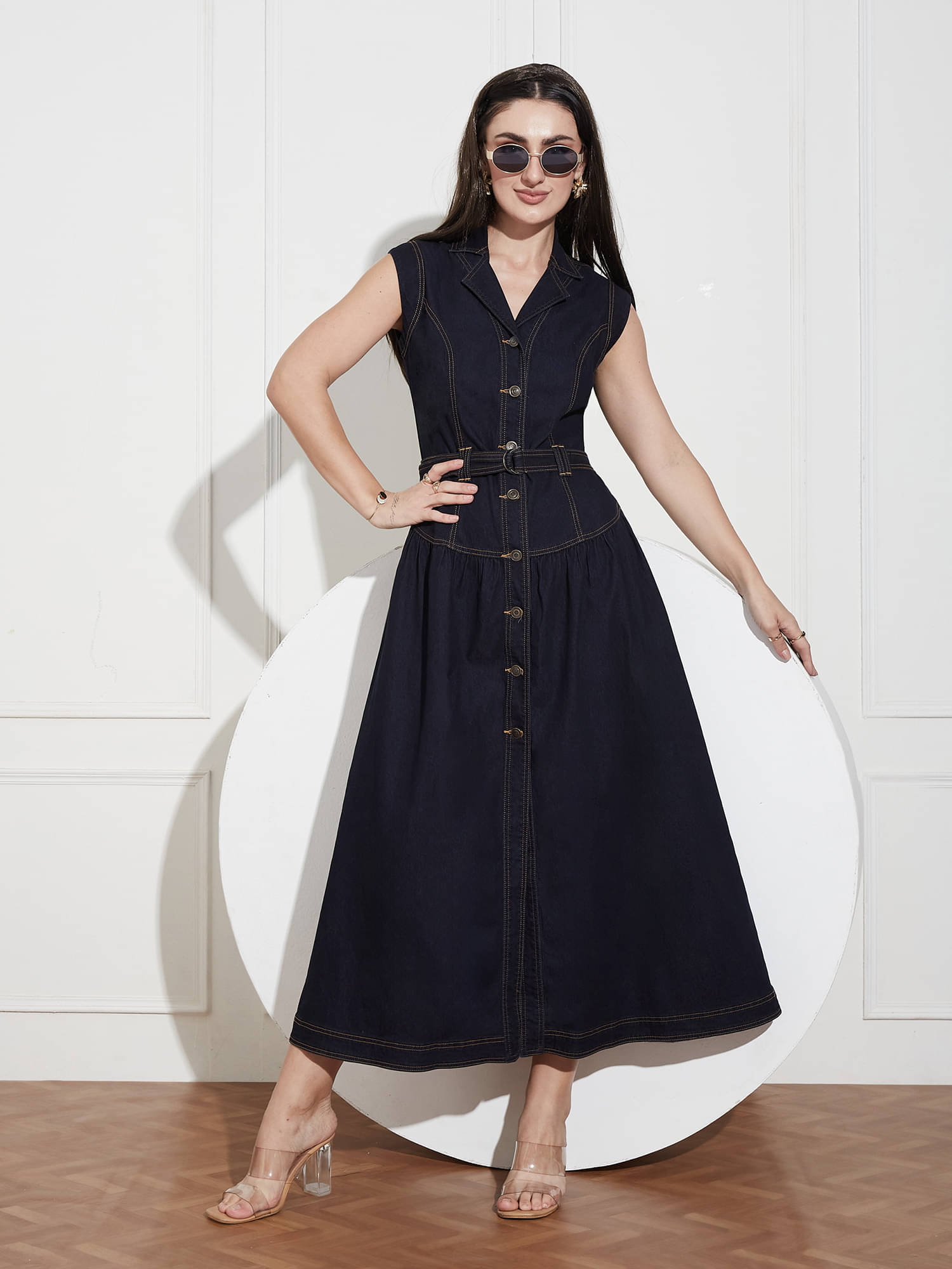 Miss Chase Women Cotton Blend Solid Drop Waist Dress ( Blue ) Miss Chase Women Cotton Blend Solid Drop Waist Dress ( Blue )