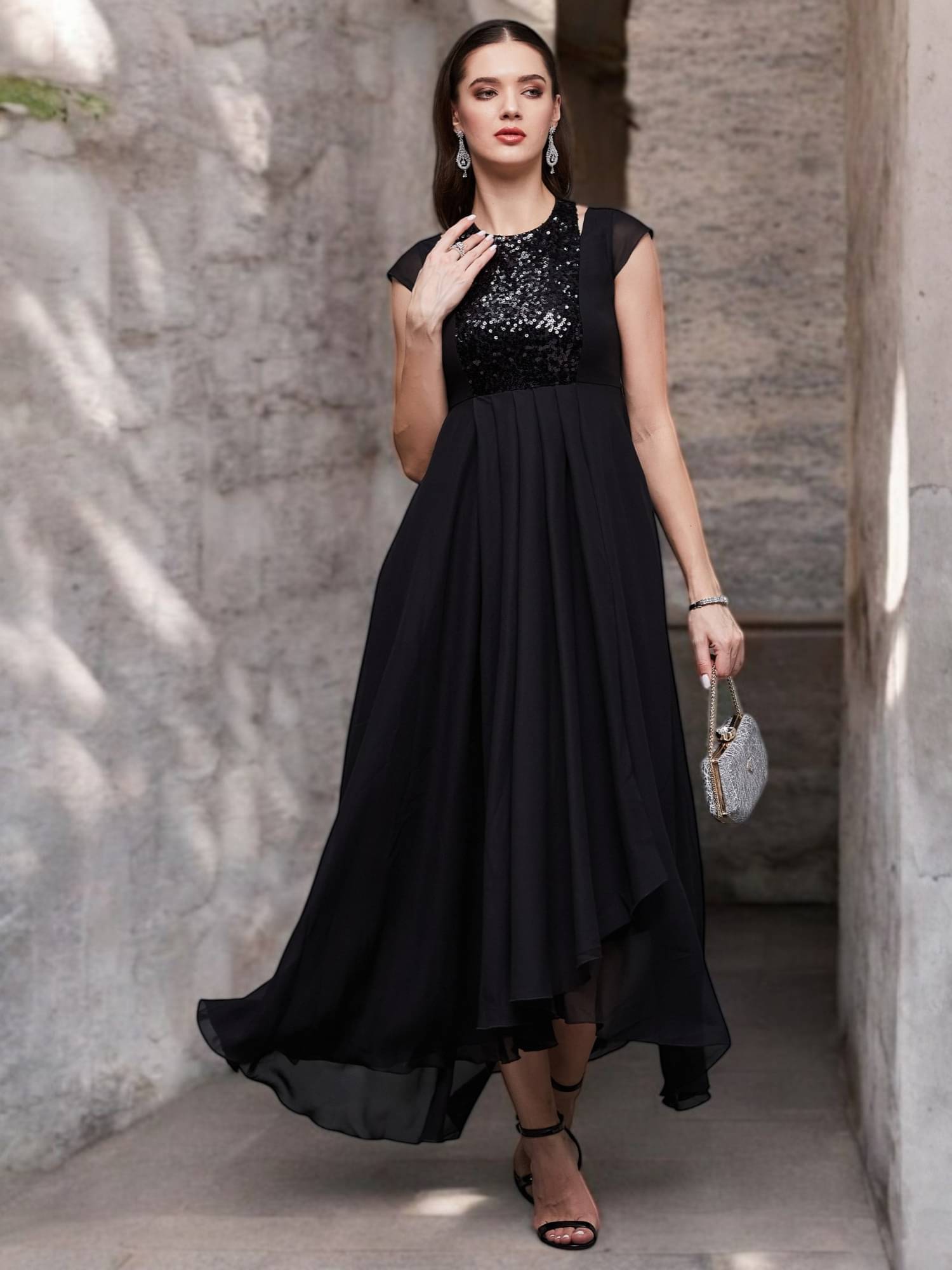 Miss Chase Women Georgette Embellished Maxi ( Black )     			Miss Chase Women Georgette Embellished Maxi ( Black )