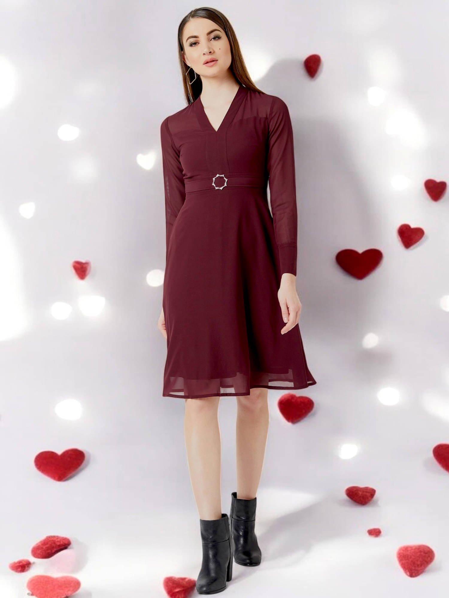     			Miss Chase Women Georgette Solid Fit & Flare Dress ( Maroon )