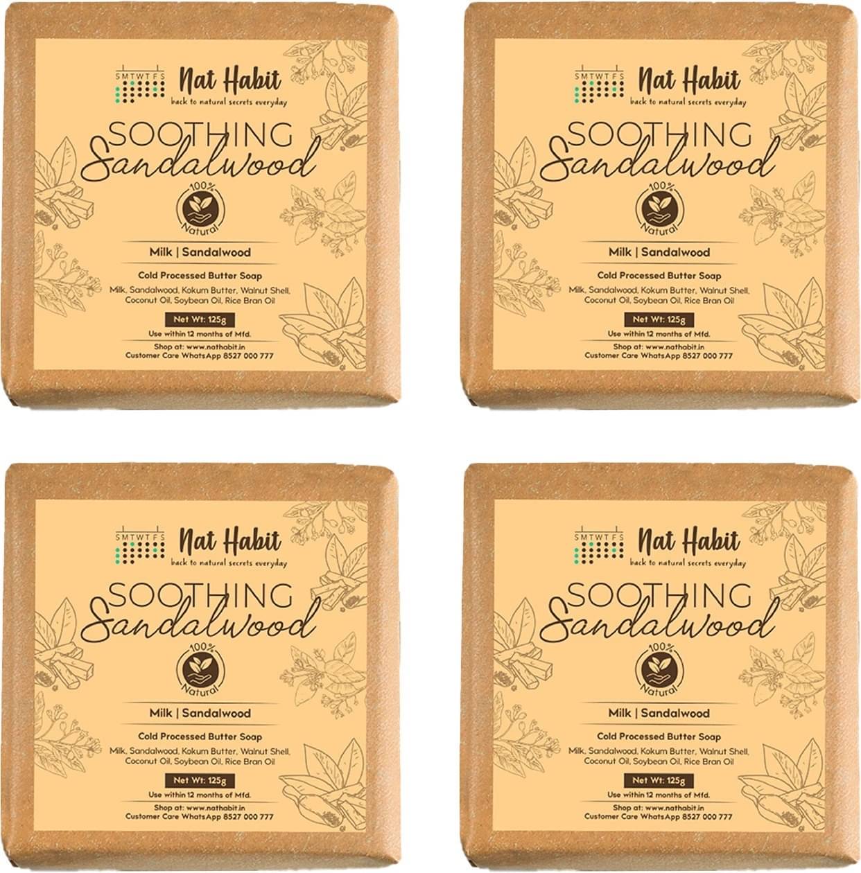 Nat Habit Soothing Sandalwood Soap - Exfoliates, Brightens Skin & Reduces Fine Lines (4 x 125 g)     			Nat Habit Soothing Sandalwood Soap - Exfoliates, Brightens Skin & Reduces Fine Lines (4 x 125 g)