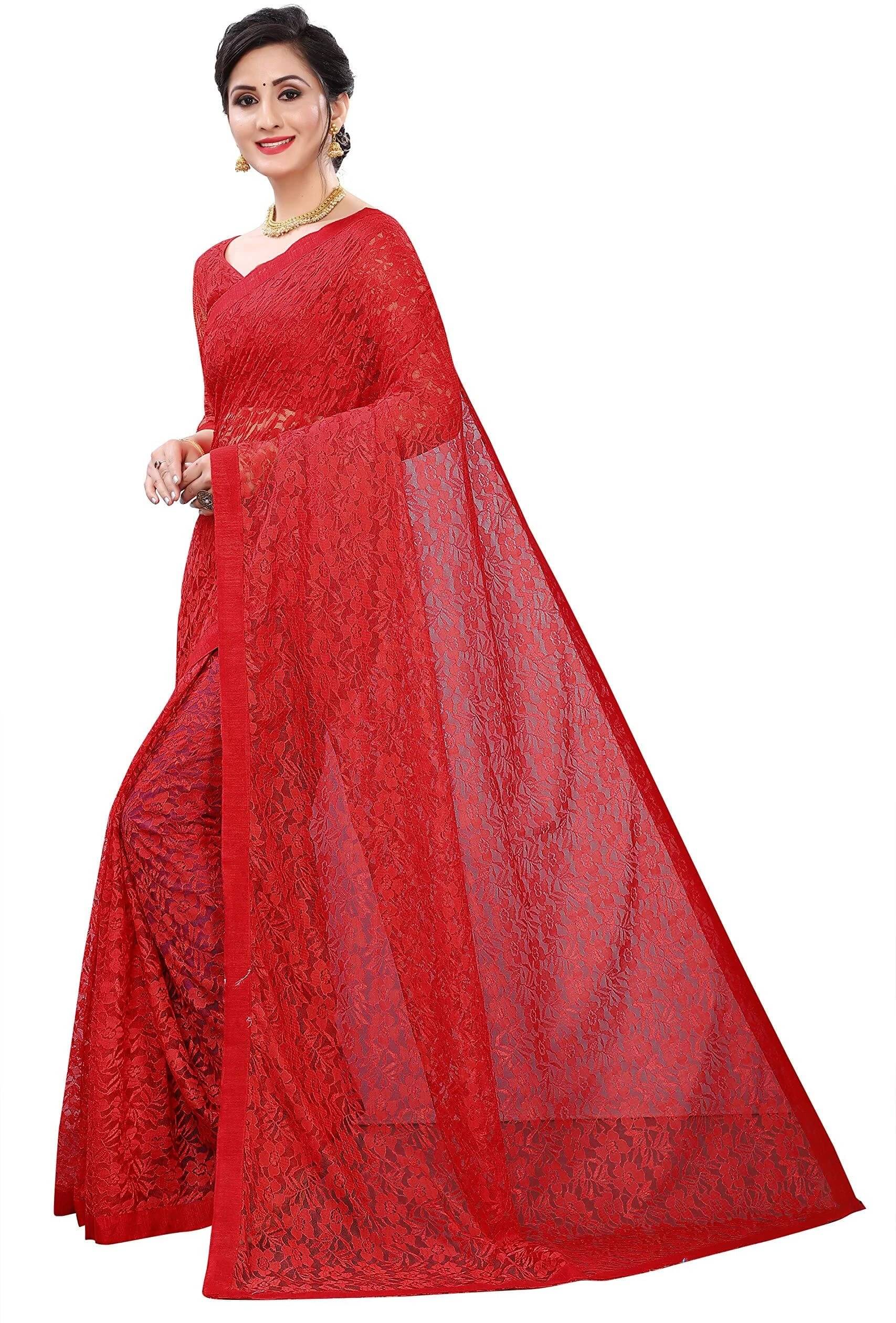     			SAREEYA16 Net Printed Regular Saree With Unstitched Blouse Piece ( Red )
