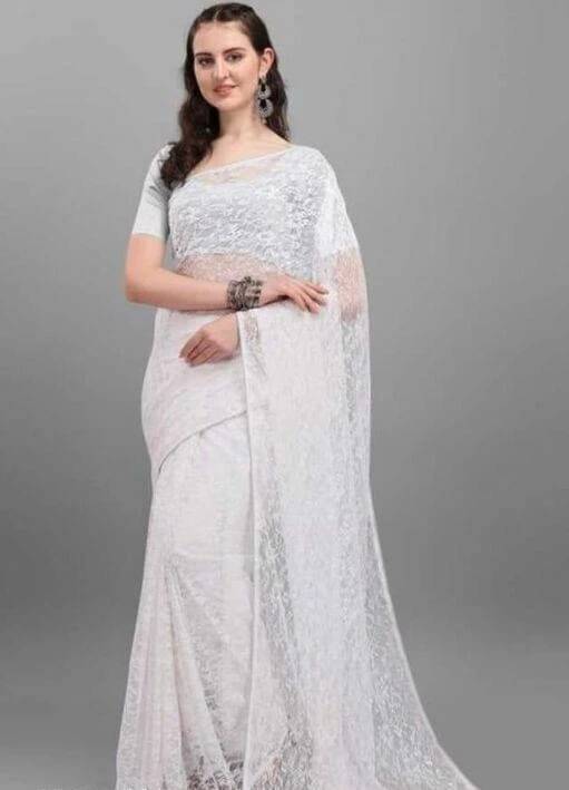     			SAREEYA16 Net Self Design Regular Saree With Unstitched Blouse Piece ( White )