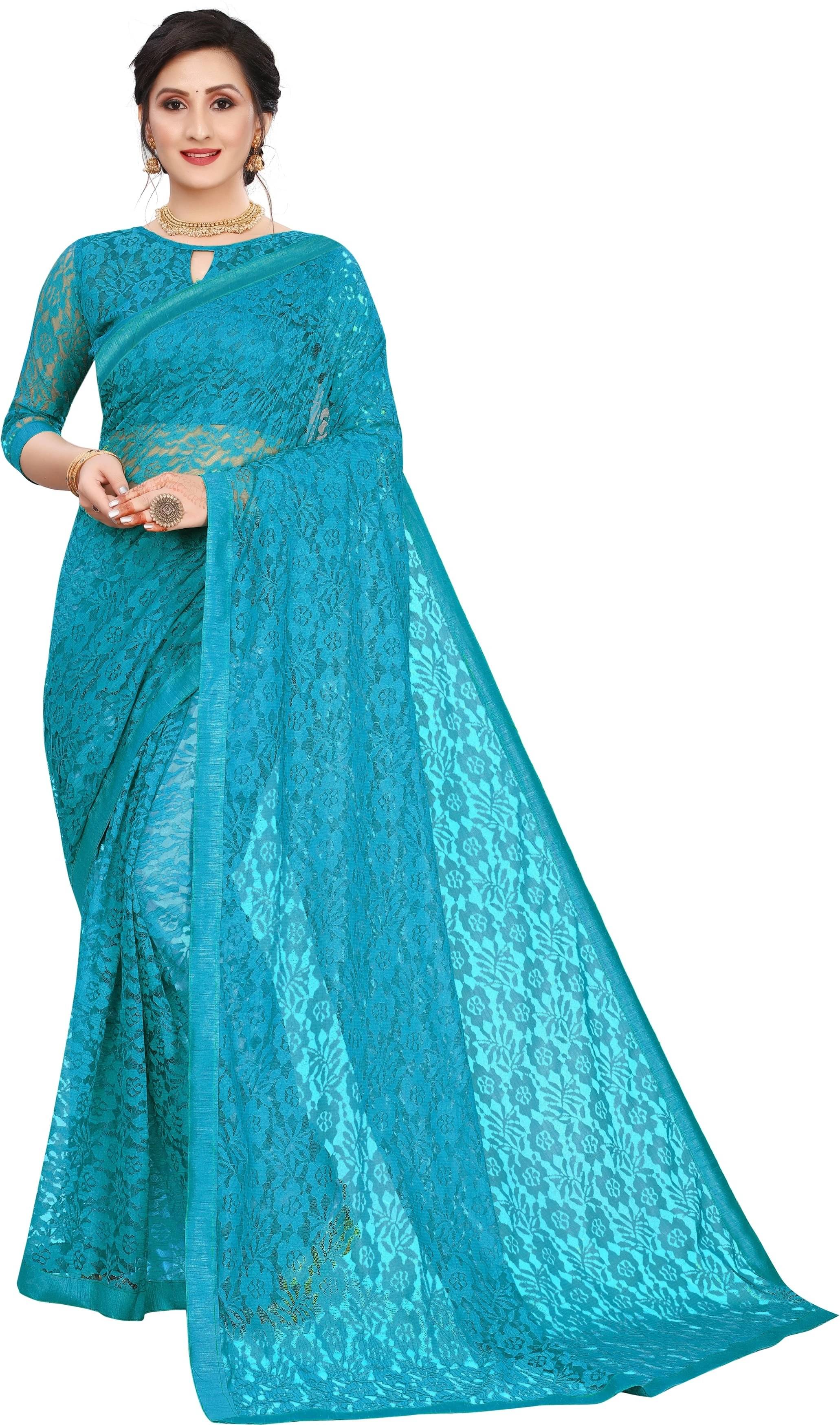     			SAREEYA16 Net Self Design Regular Saree With Unstitched Blouse Piece ( Blue )
