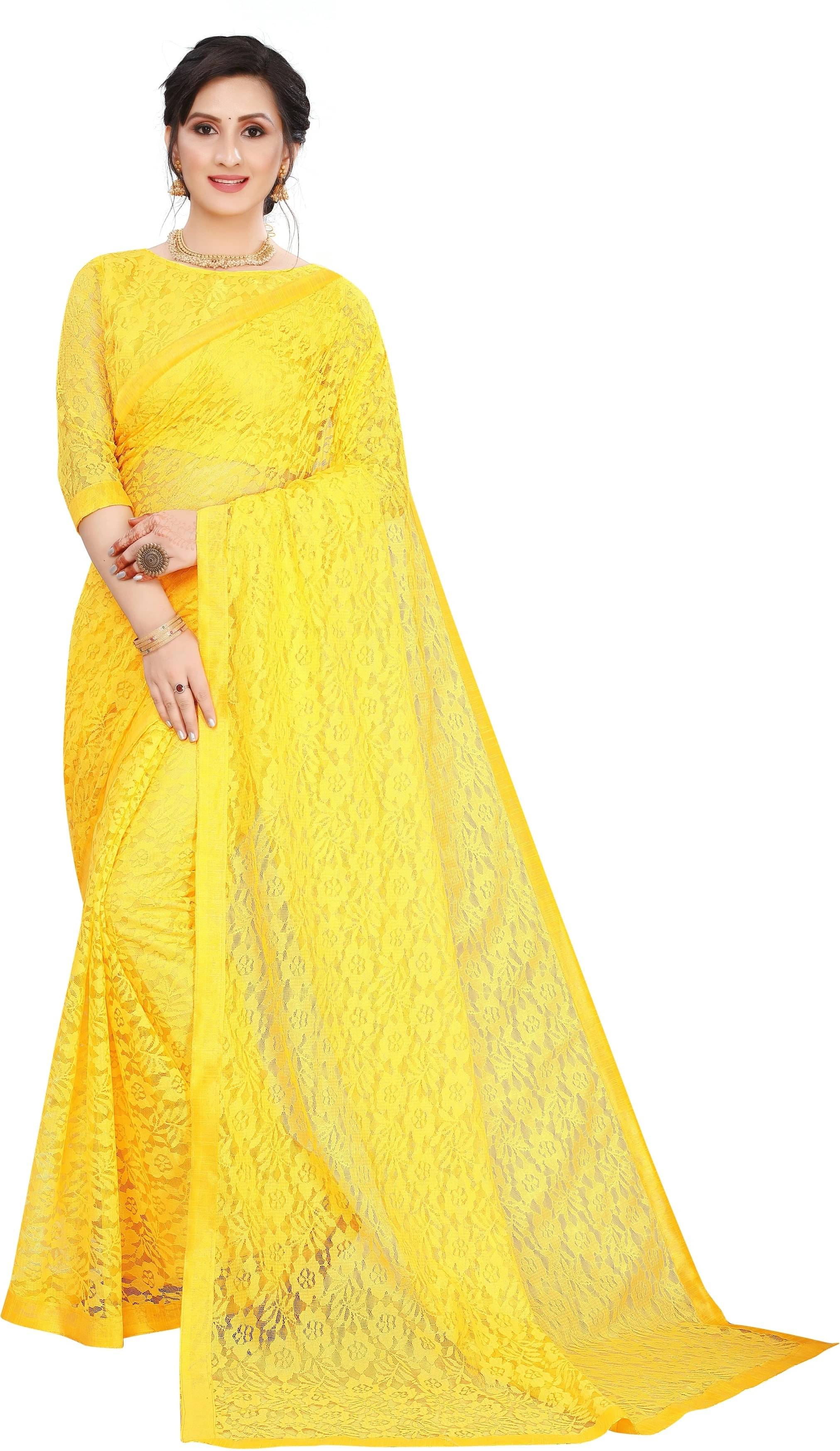     			SAREEYA16 Net Self Design Regular Saree With Unstitched Blouse Piece ( Yellow )