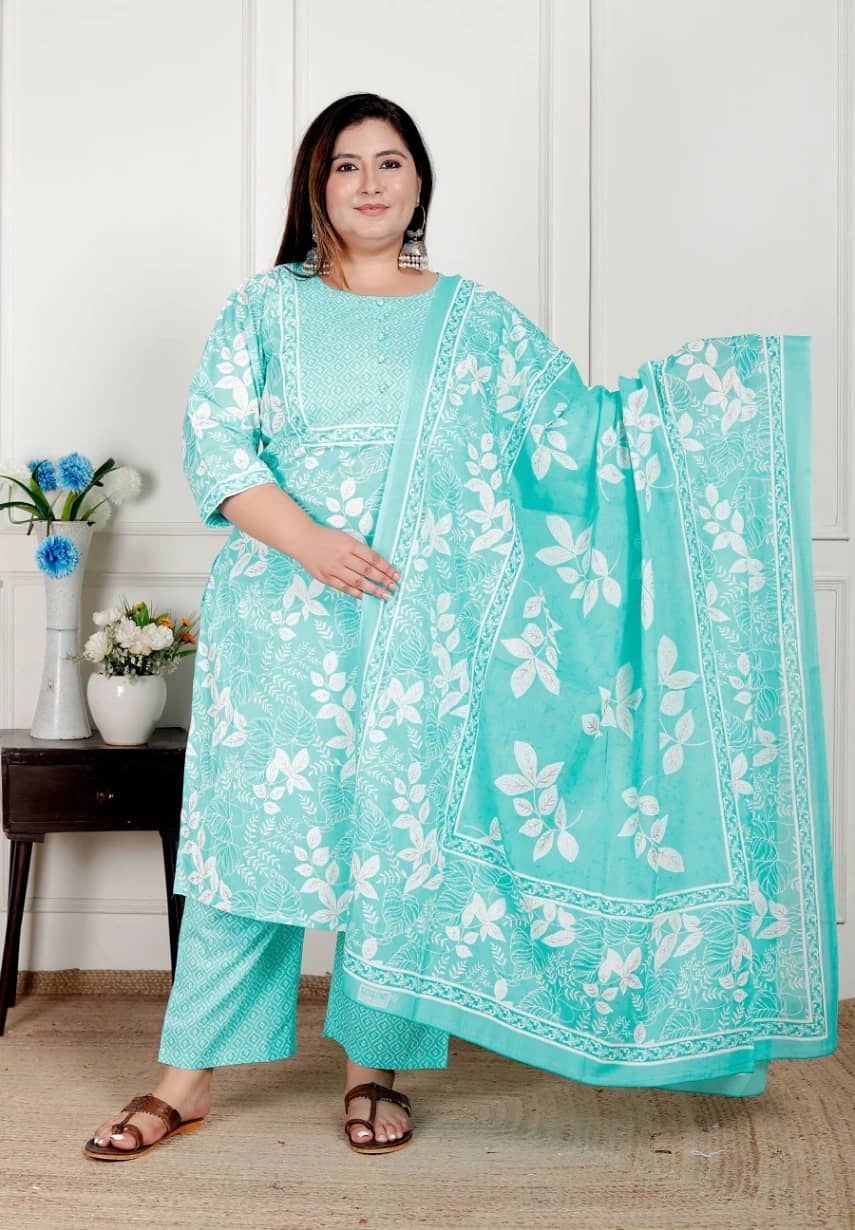 Swasti Women Cotton Printed Straight Kurti With Pants ( Blue )