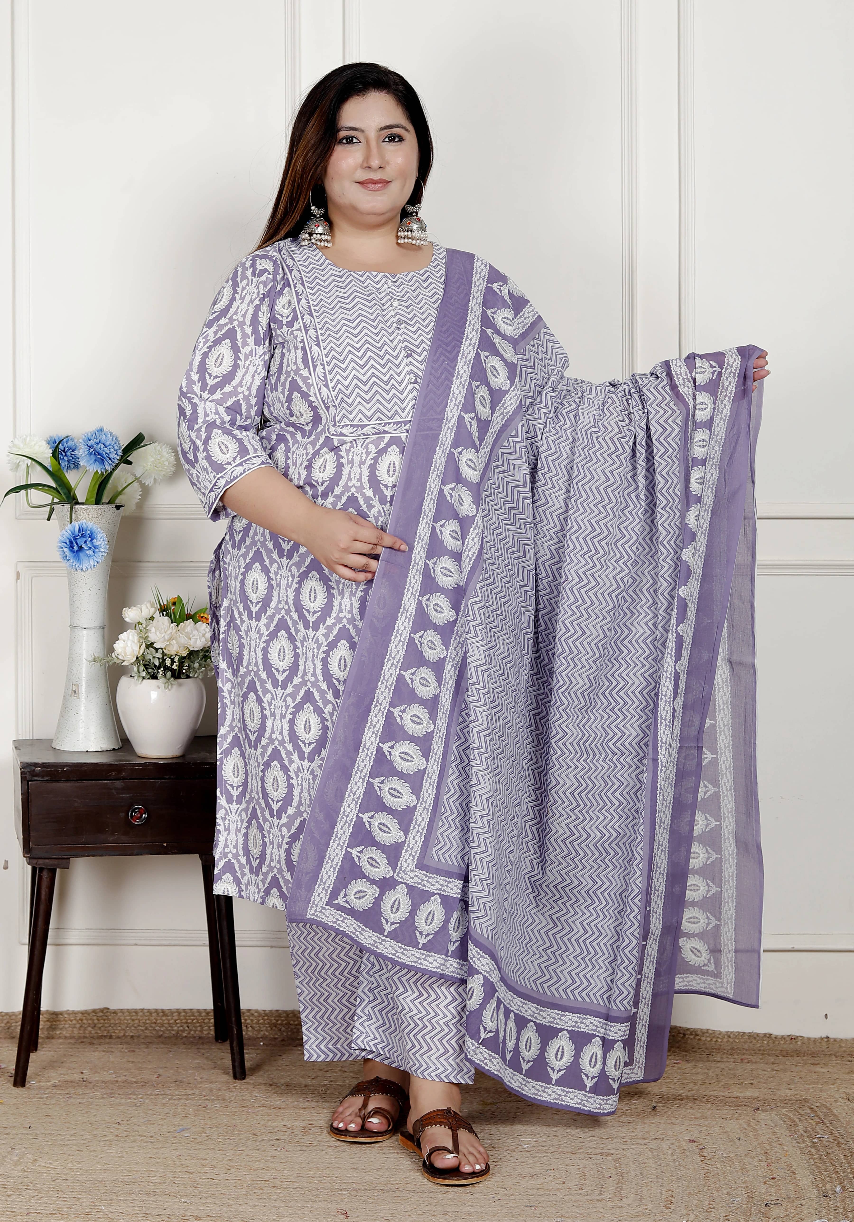 Swasti Women Cotton Printed Straight Kurti With Pants ( Purple )