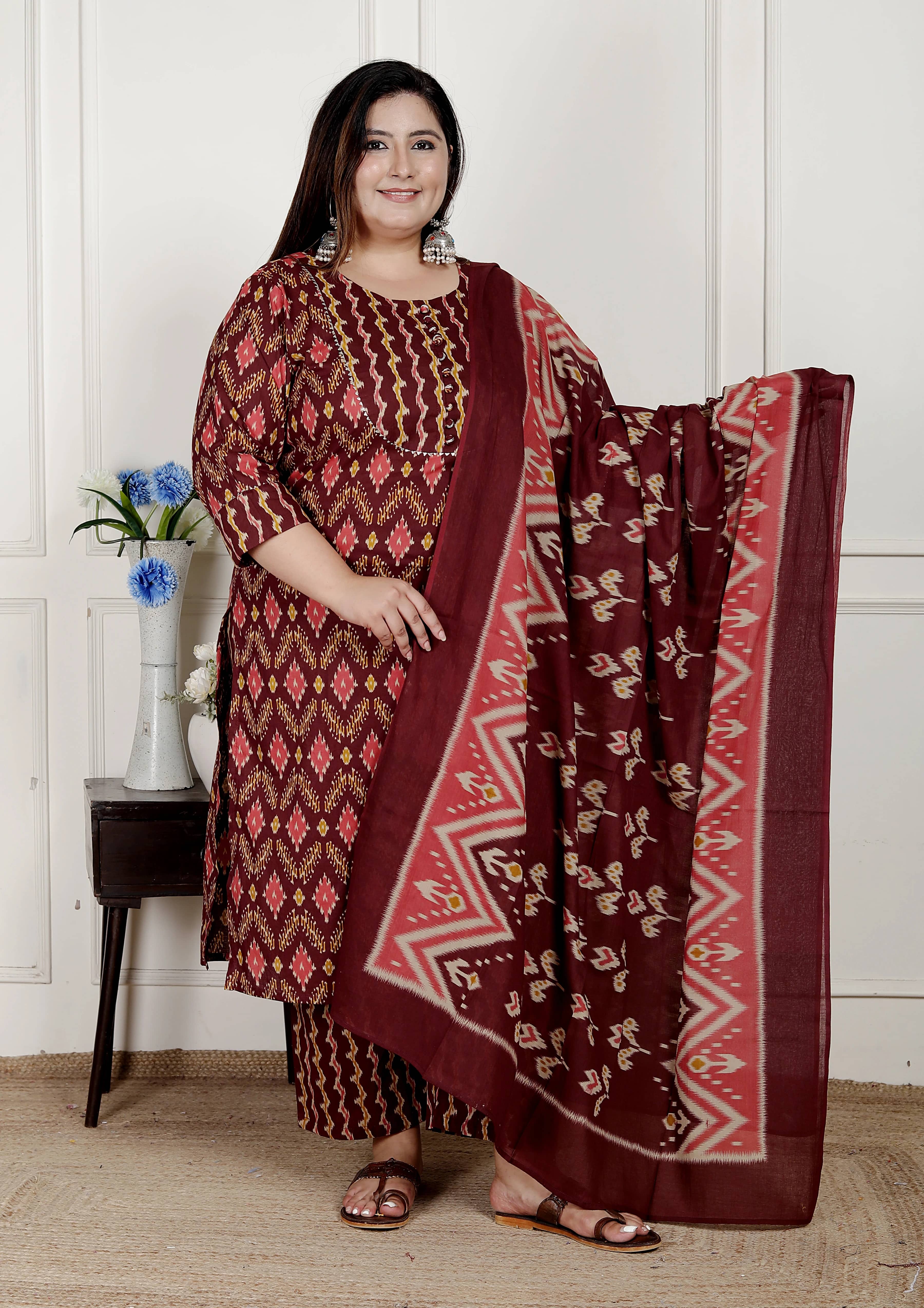 Swasti Women Cotton Printed Straight Kurti With Pants ( Brown )
