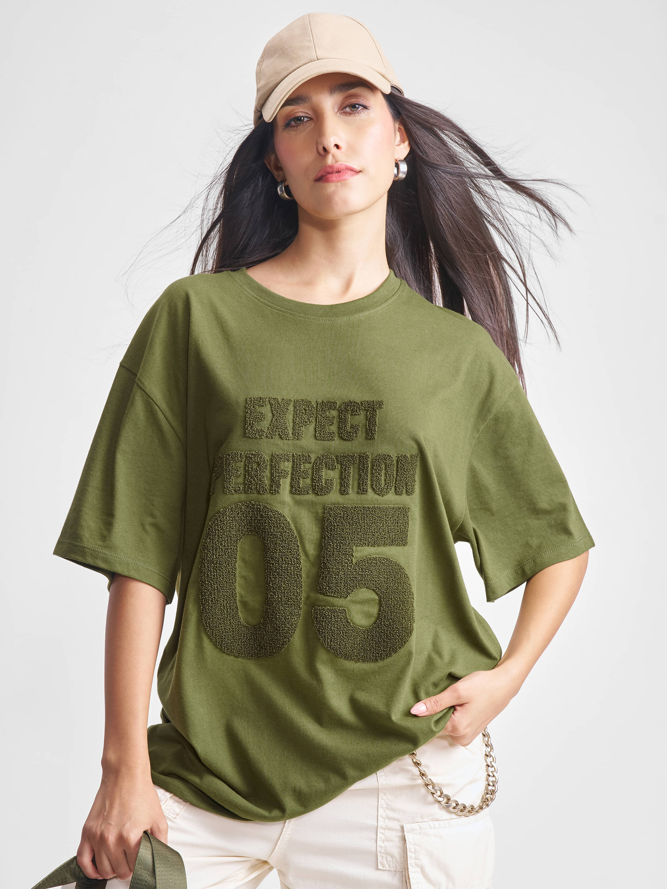     			Tokyo Talkies Women Cotton Blend Self Design Oversized Fit Round Neck T-Shirt ( Olive )