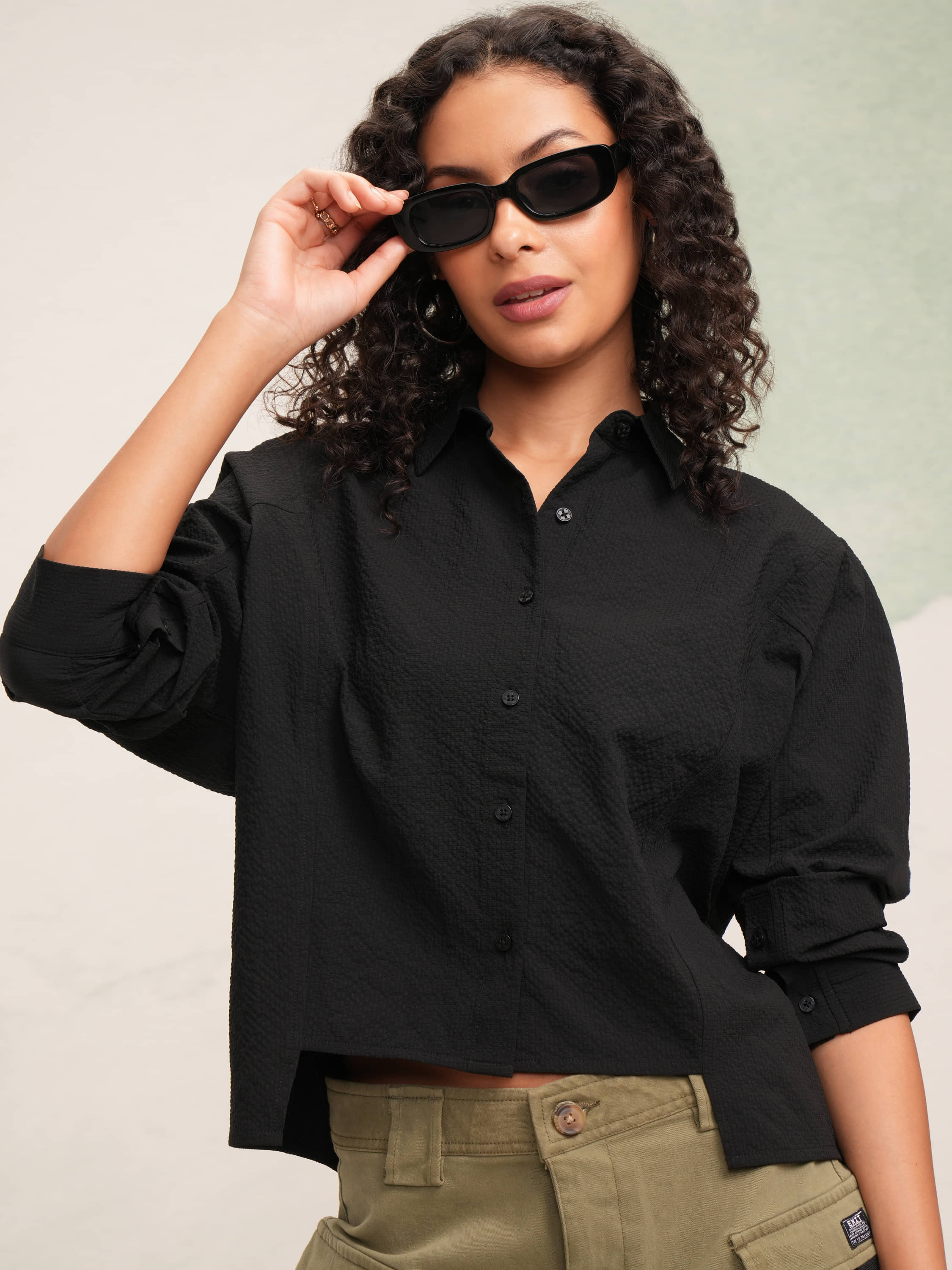 Tokyo Talkies Women Self Design Polyester Shirt ( Black )