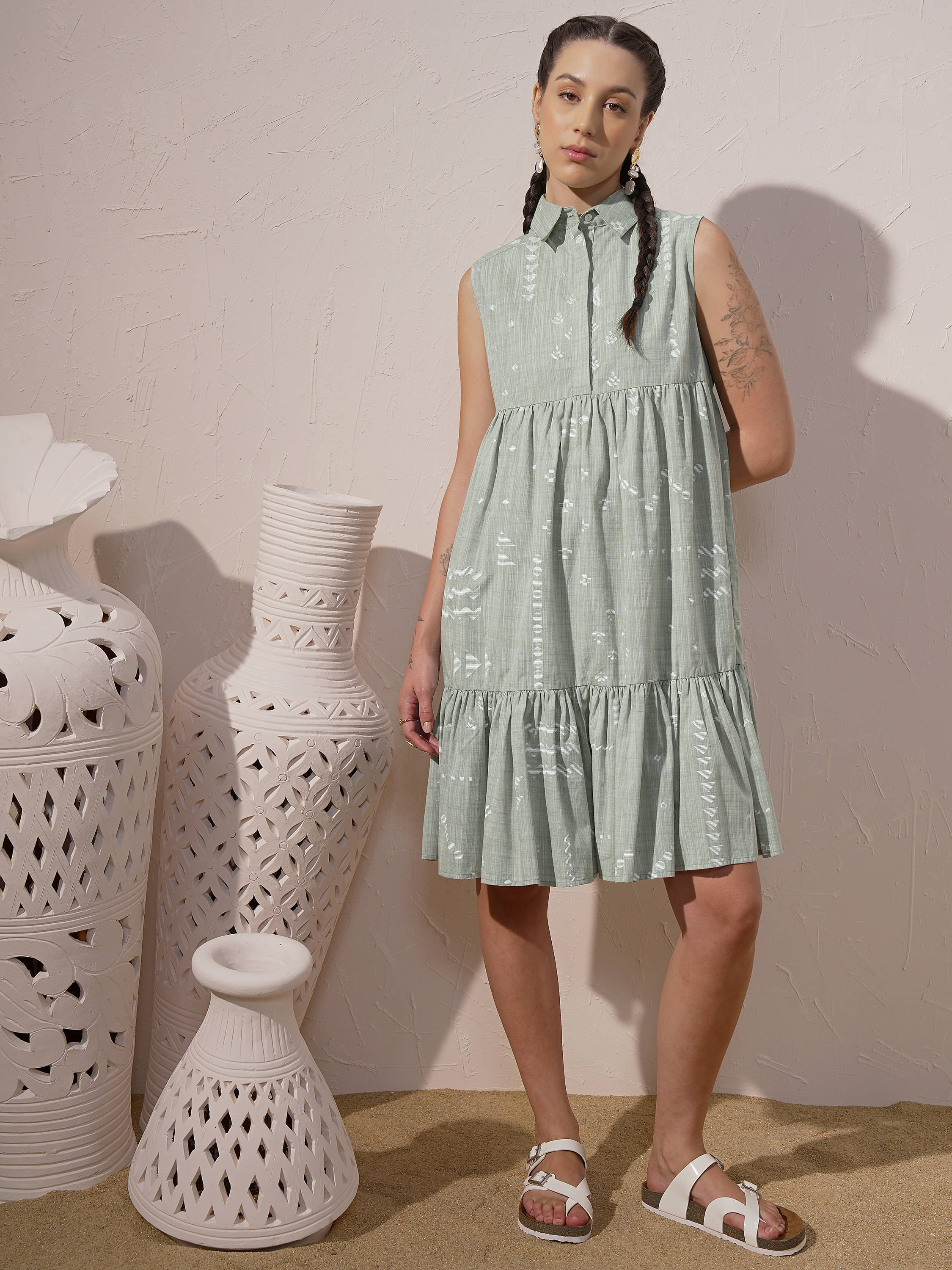 Vishudh Women Cotton Printed A-line Dress ( Green ) Vishudh Women Cotton Printed A-line Dress ( Green )