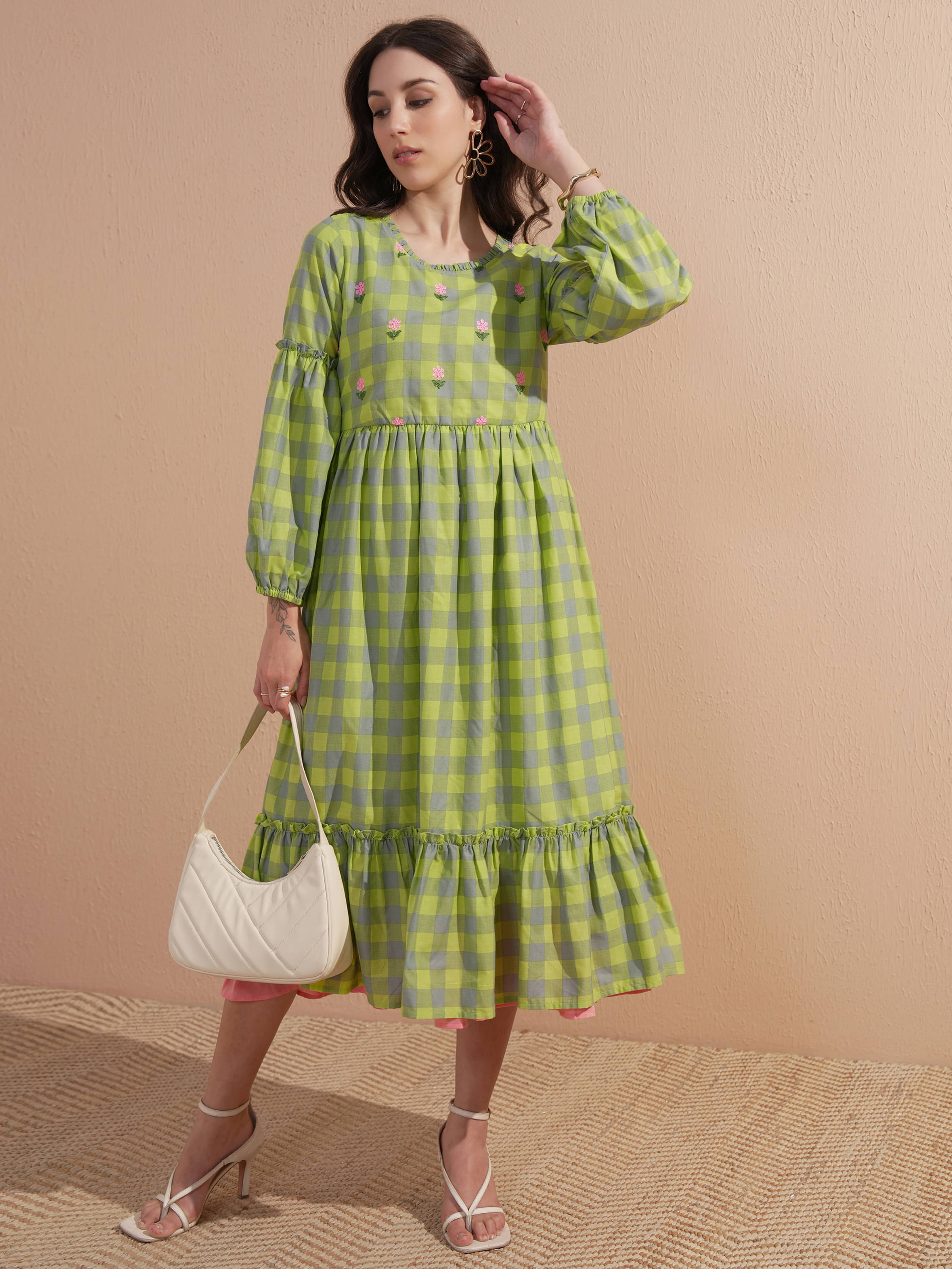     			Vishudh Women Polyester Blend Checks A-line Dress ( Lime Green )