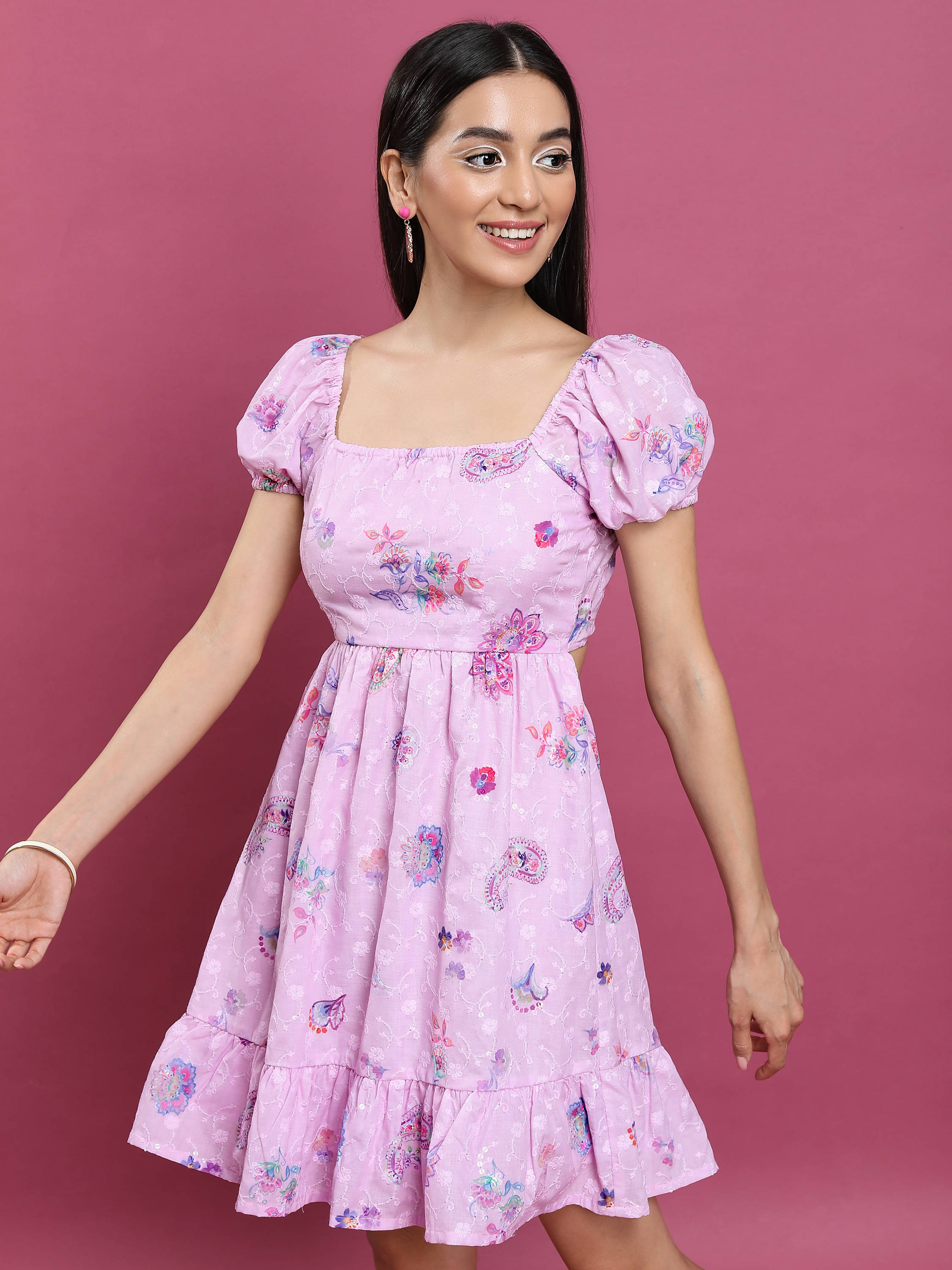     			Vishudh Women Polyester Blend Embroidered A-line Dress ( Pink )