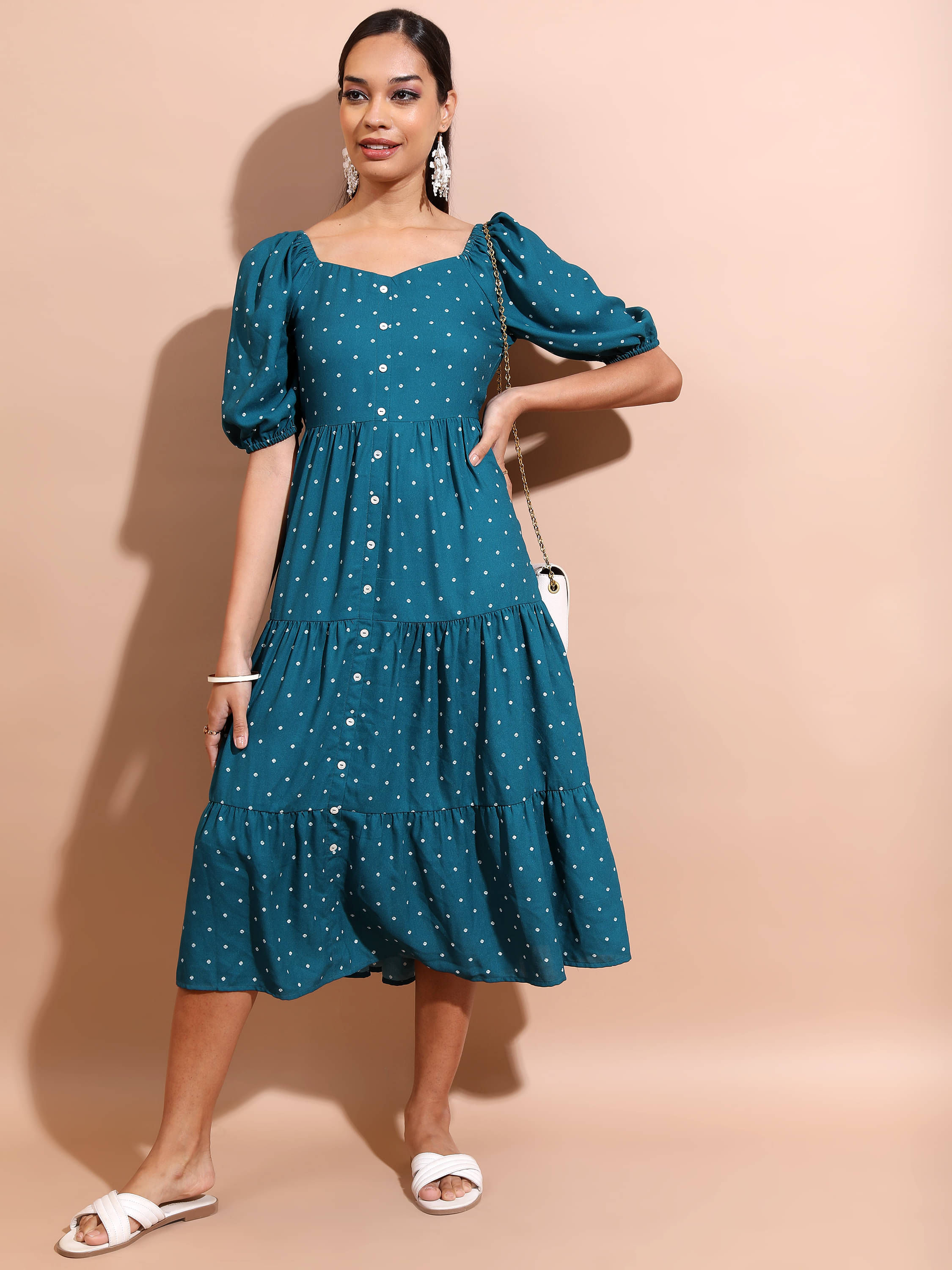     			Vishudh Women Polyester Printed A-line Dress ( Teal )