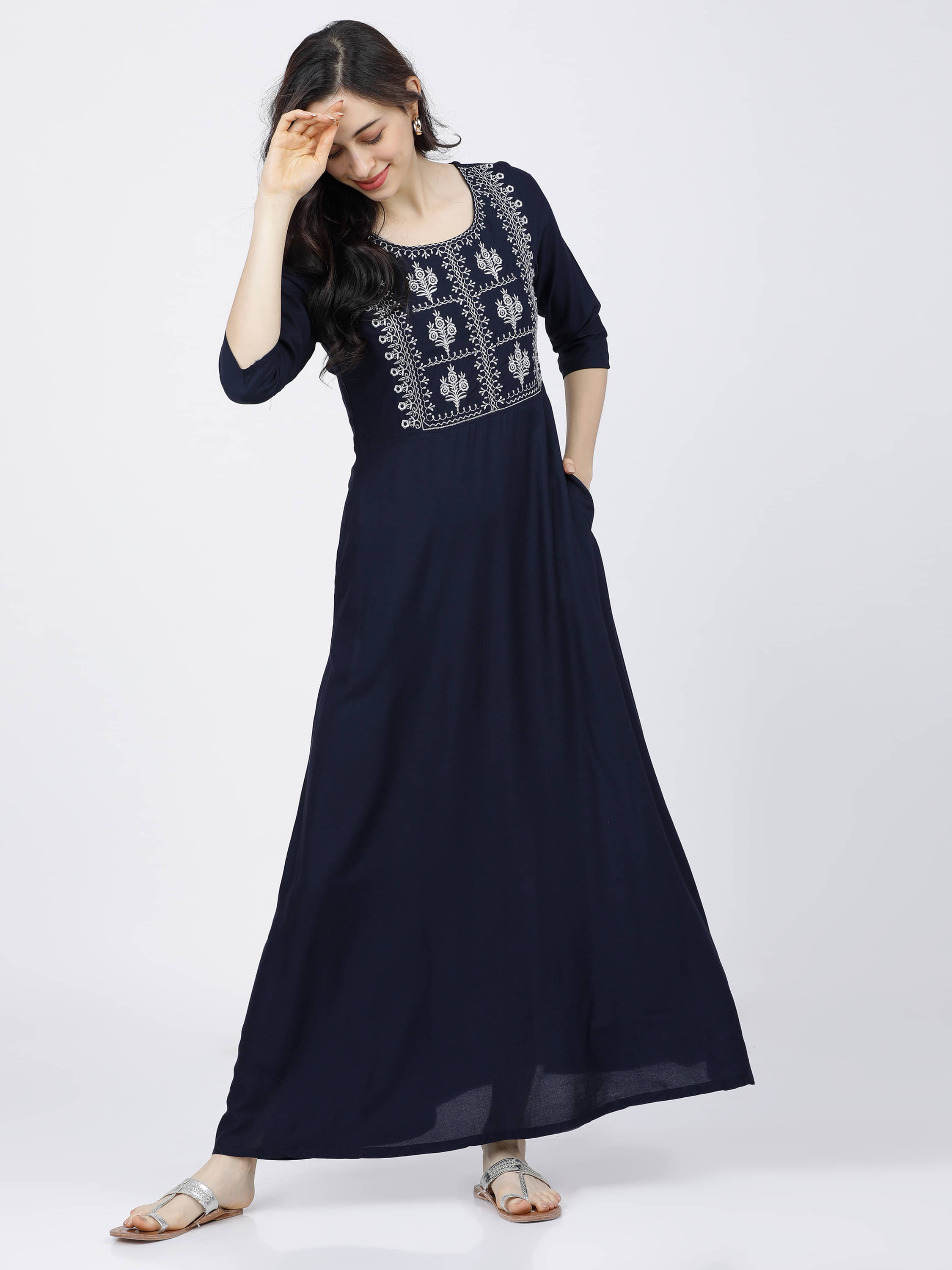     			Vishudh Women Viscose Embroidered A-line Dress ( Navy Blue )