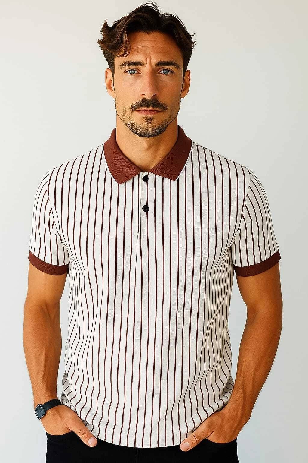     			WILD ELEPHANT Men Polyester Regular Fit Striped Polo T Shirt ( Brown )