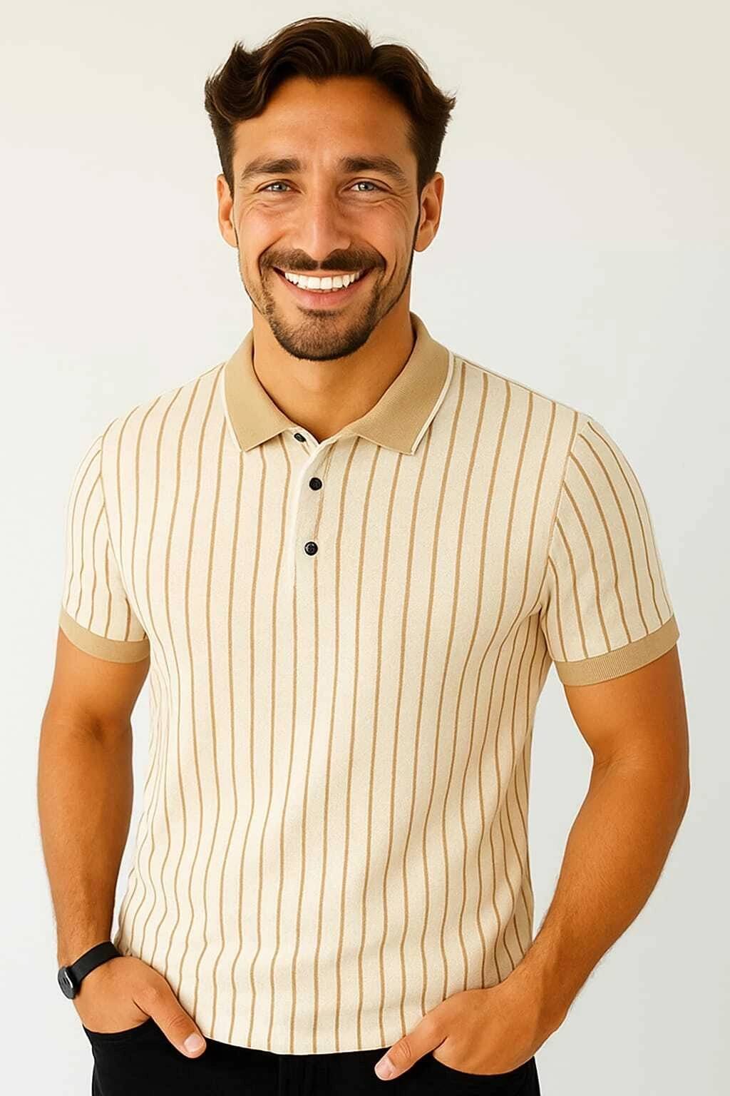     			WILD ELEPHANT Men Polyester Regular Fit Striped Polo T Shirt ( Beige )