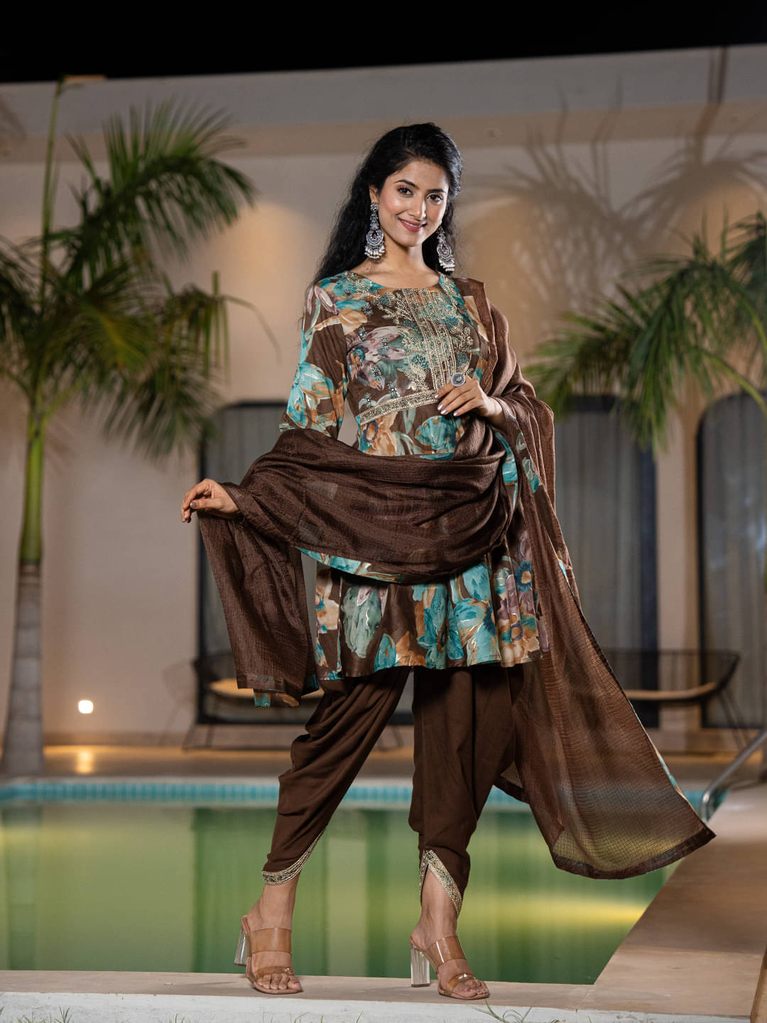 Yufta Women Cotton Printed A-line Kurti With Pants ( Brown ) Yufta Women Cotton Printed A-line Kurti With Pants ( Brown )