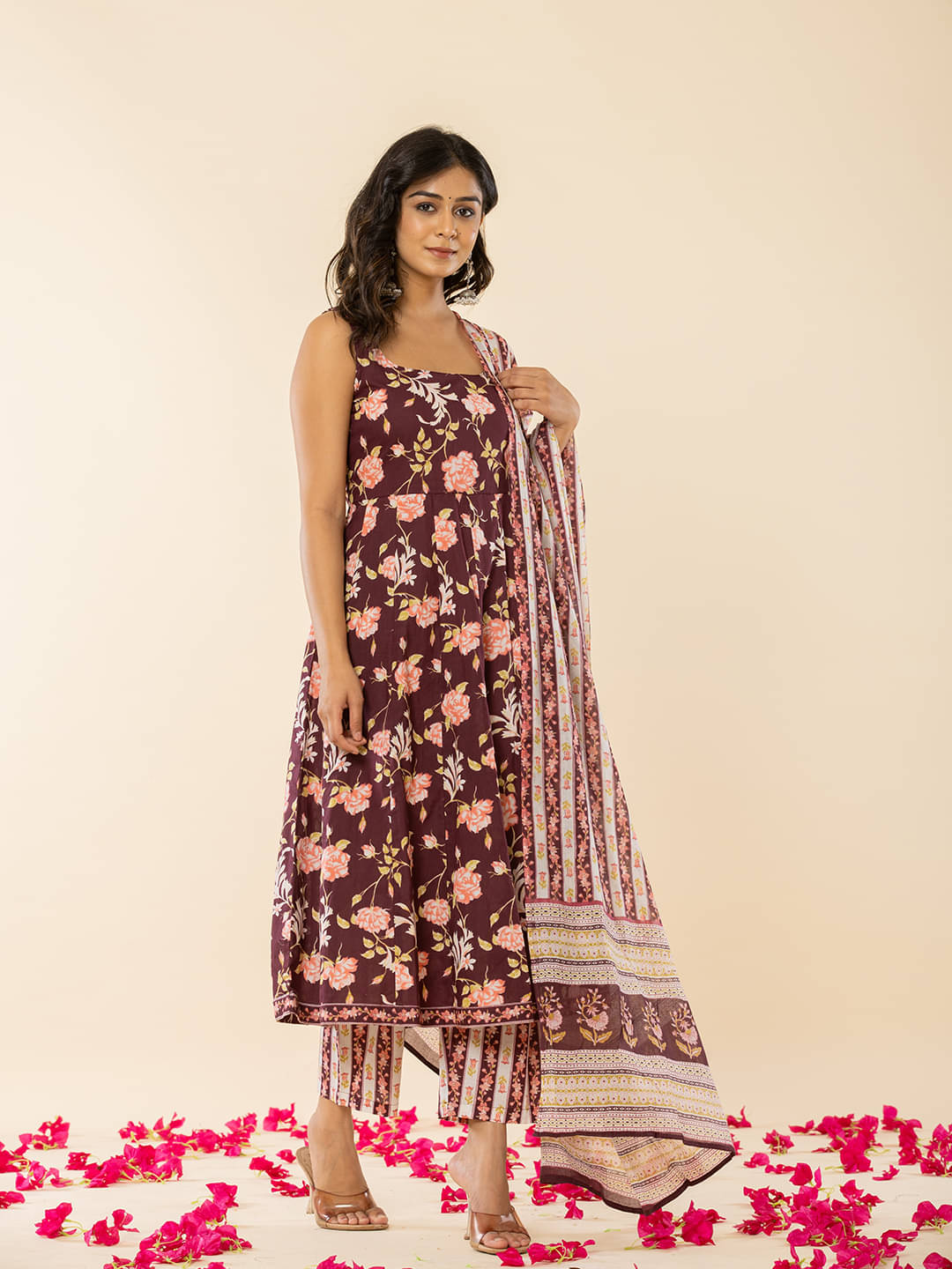 Yufta Women Cotton Printed Anarkali Kurti With Pants ( Brown ) Yufta Women Cotton Printed Anarkali Kurti With Pants ( Brown )